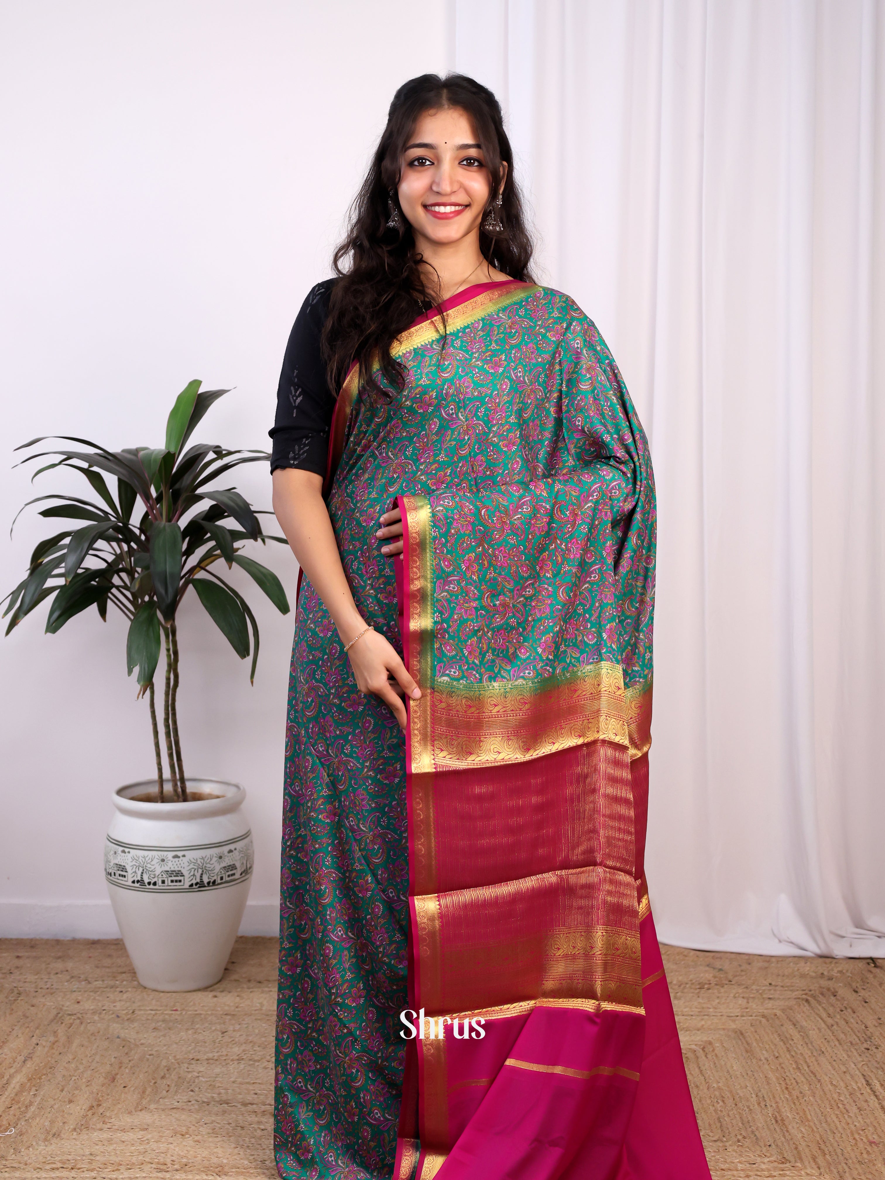 Green & Pink - Semi Mysoresilk Saree - Shop on Shrus.com