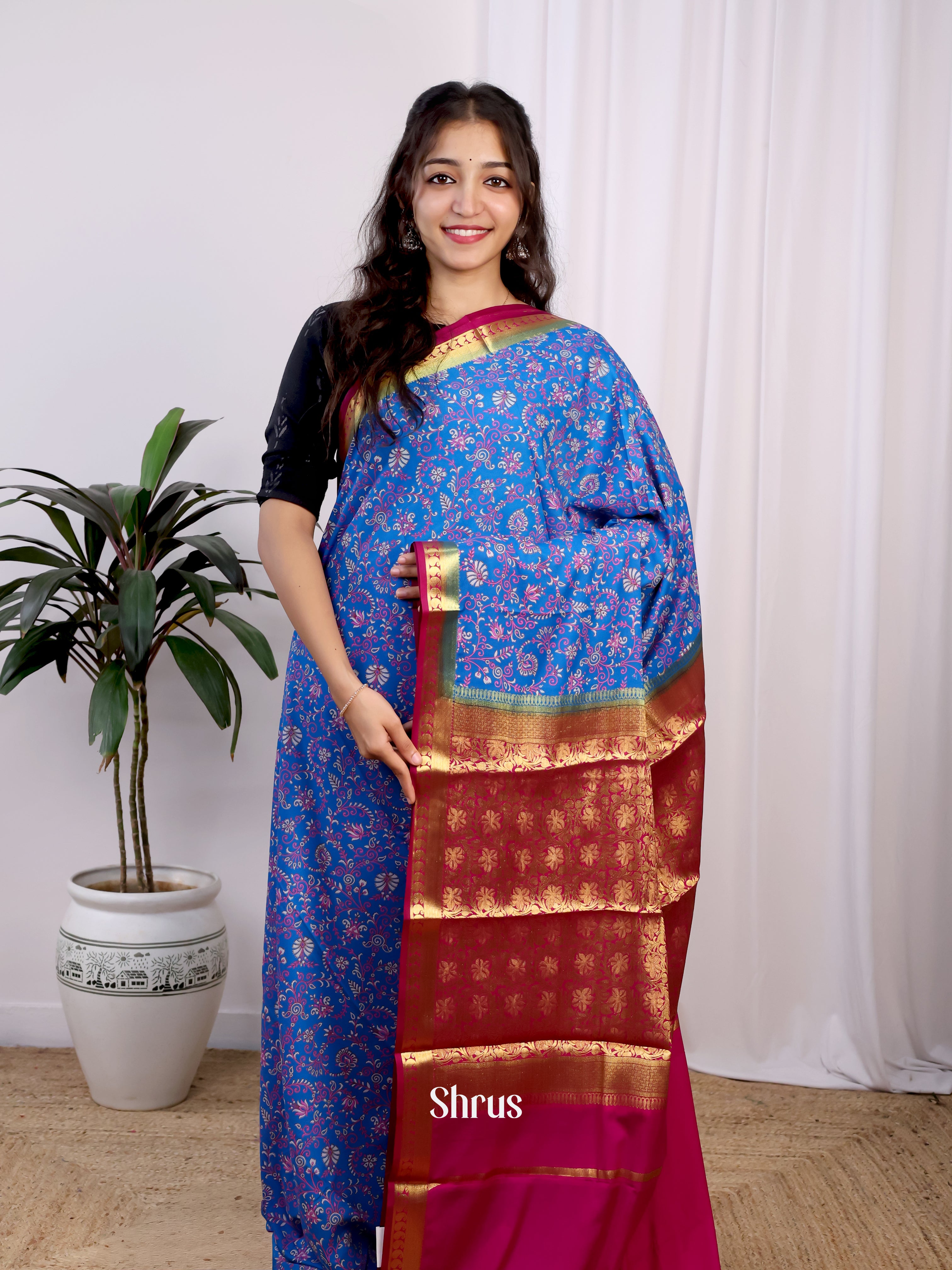 Blue & Majenta - Semi Mysoresilk Saree - Shop on Shrus.com