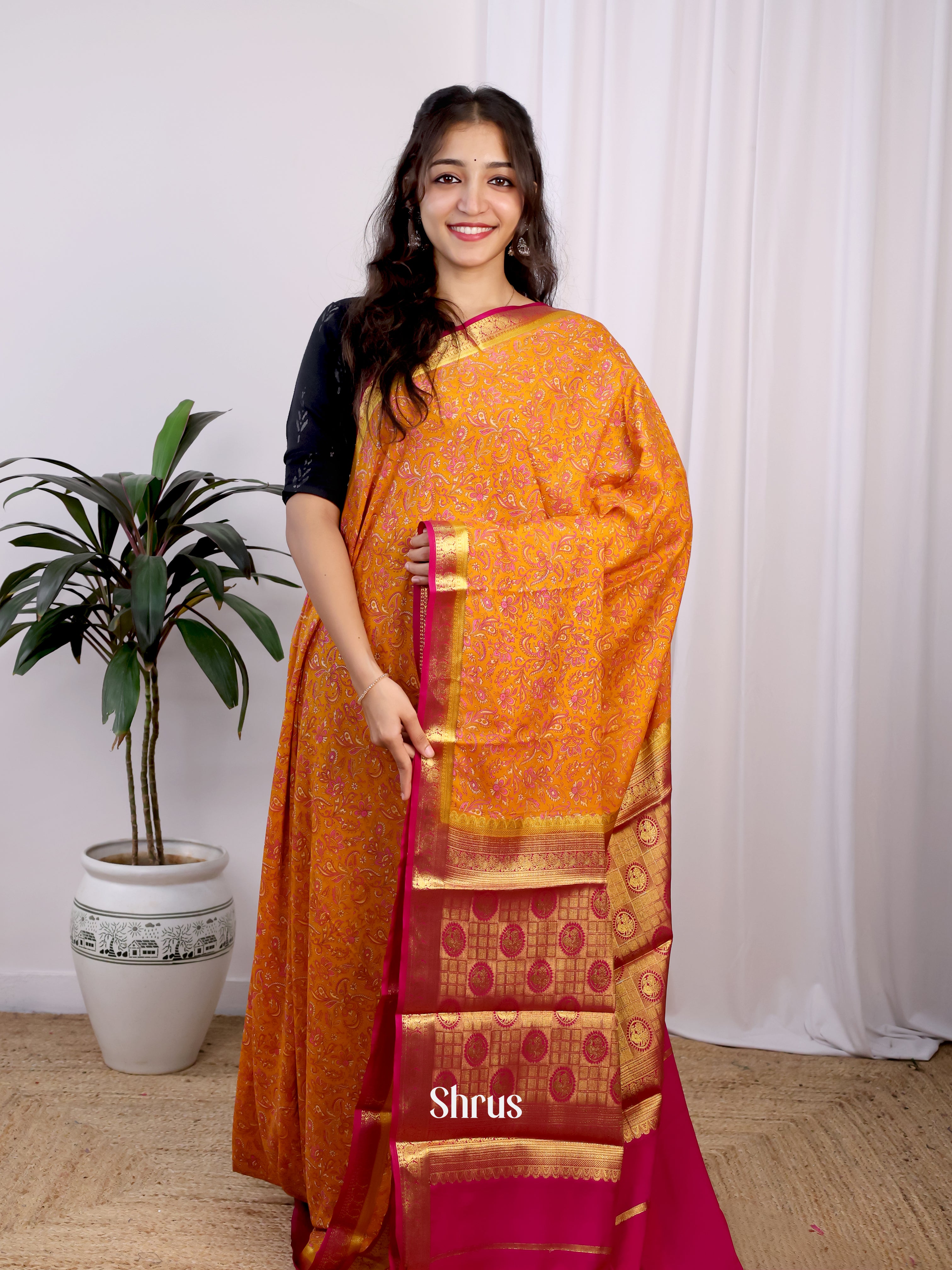 Orange & Pink - Semi Mysoresilk Saree - Shop on Shrus.com