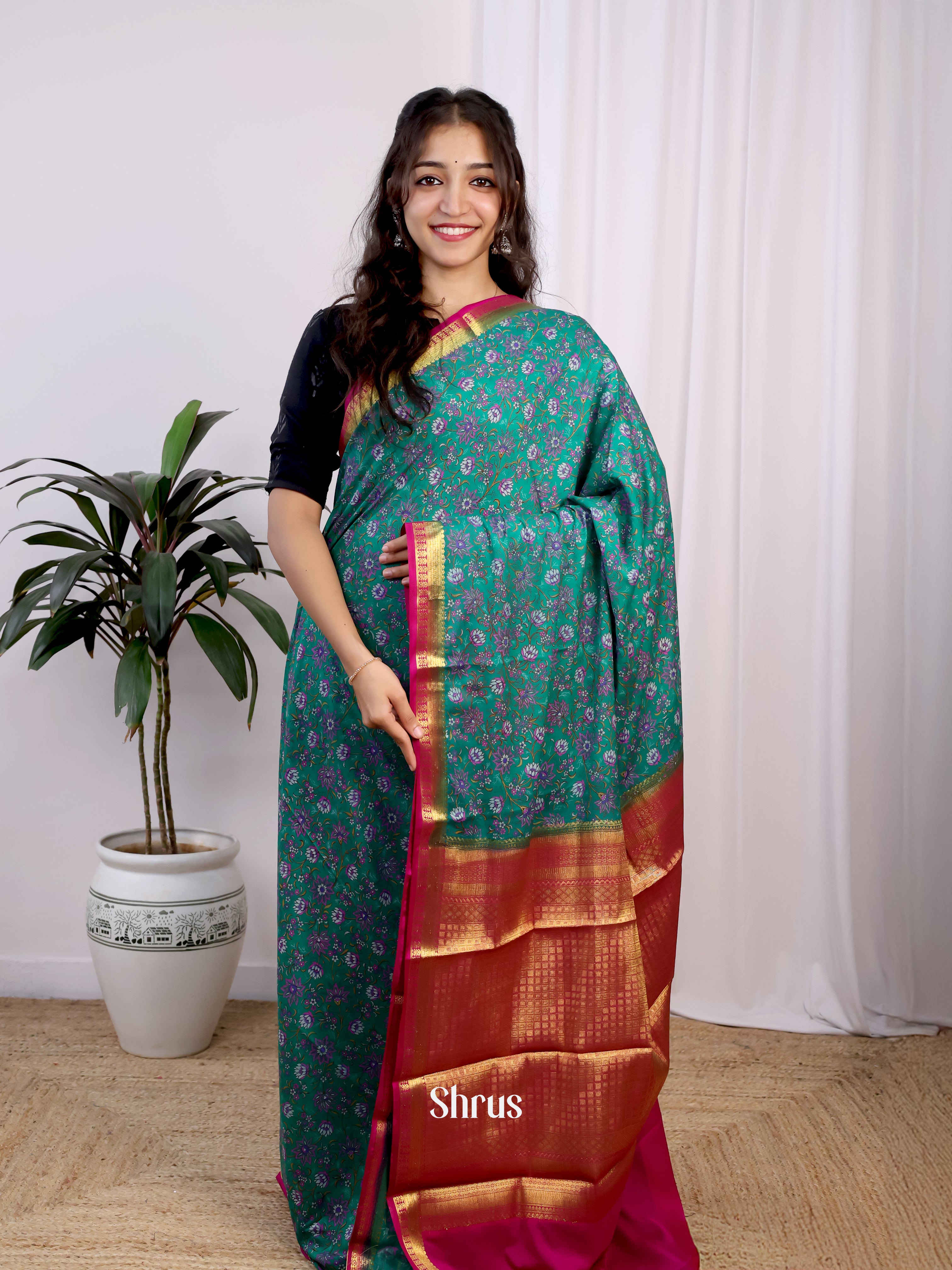 Green & Pink - Semi Mysoresilk Saree - Shop on Shrus.com