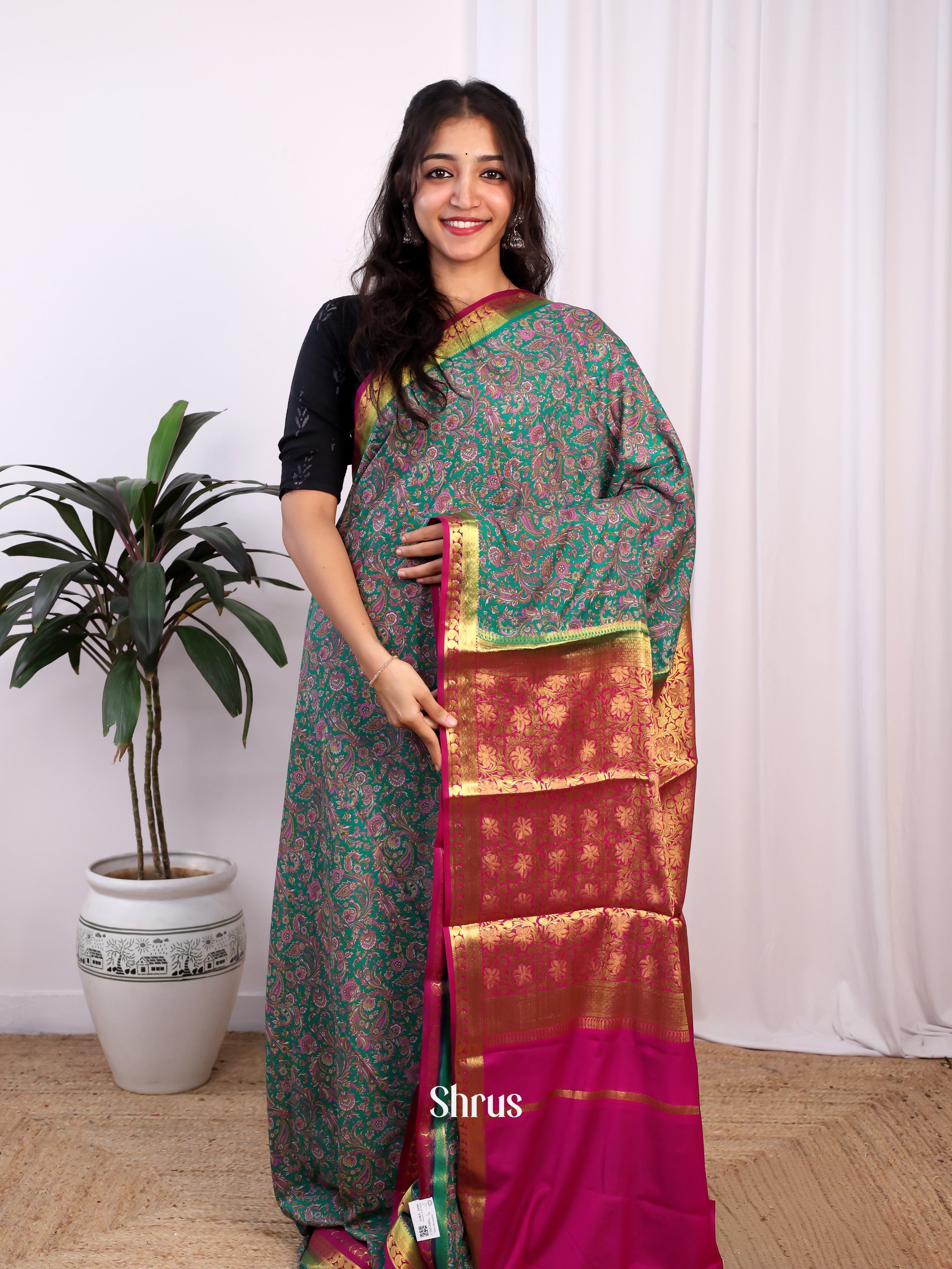Green & Pink - Semi Mysoresilk Saree - Shop on Shrus.com