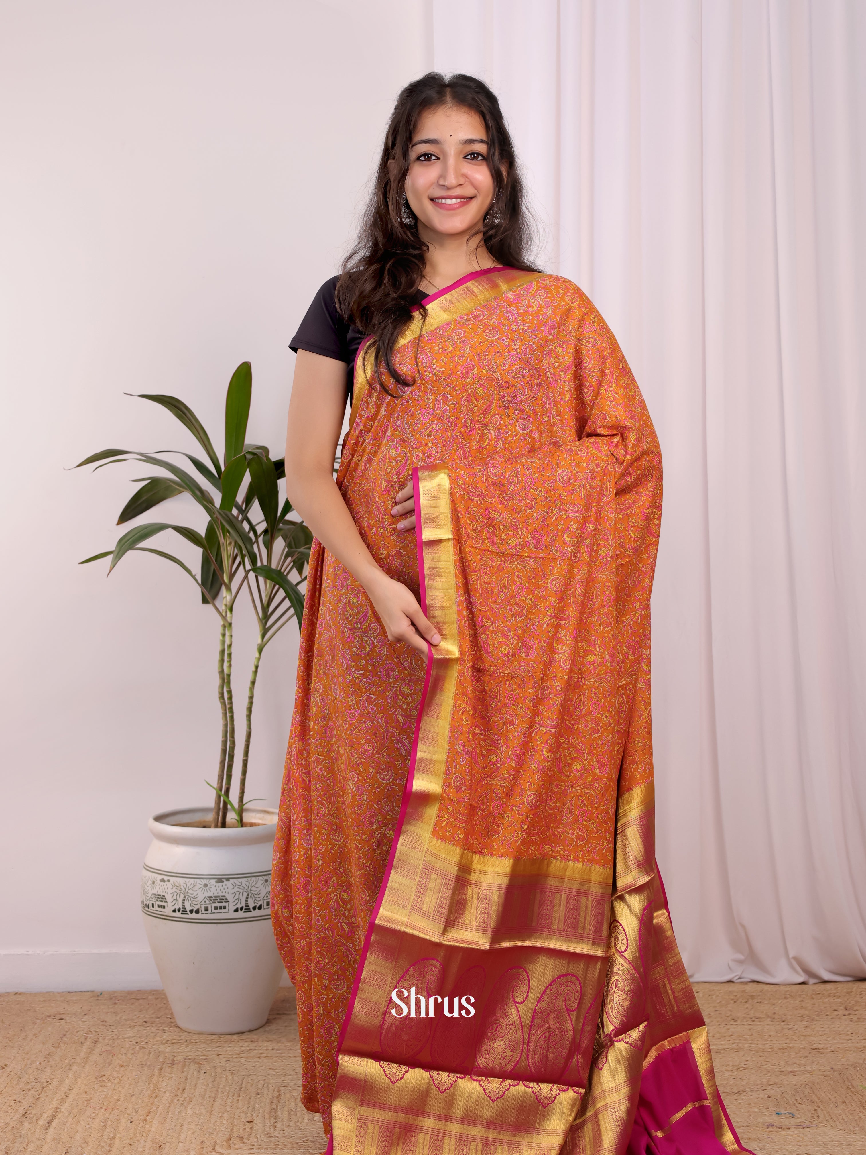 Orange & Pink - Semi Mysoresilk Saree - Shop on Shrus.com