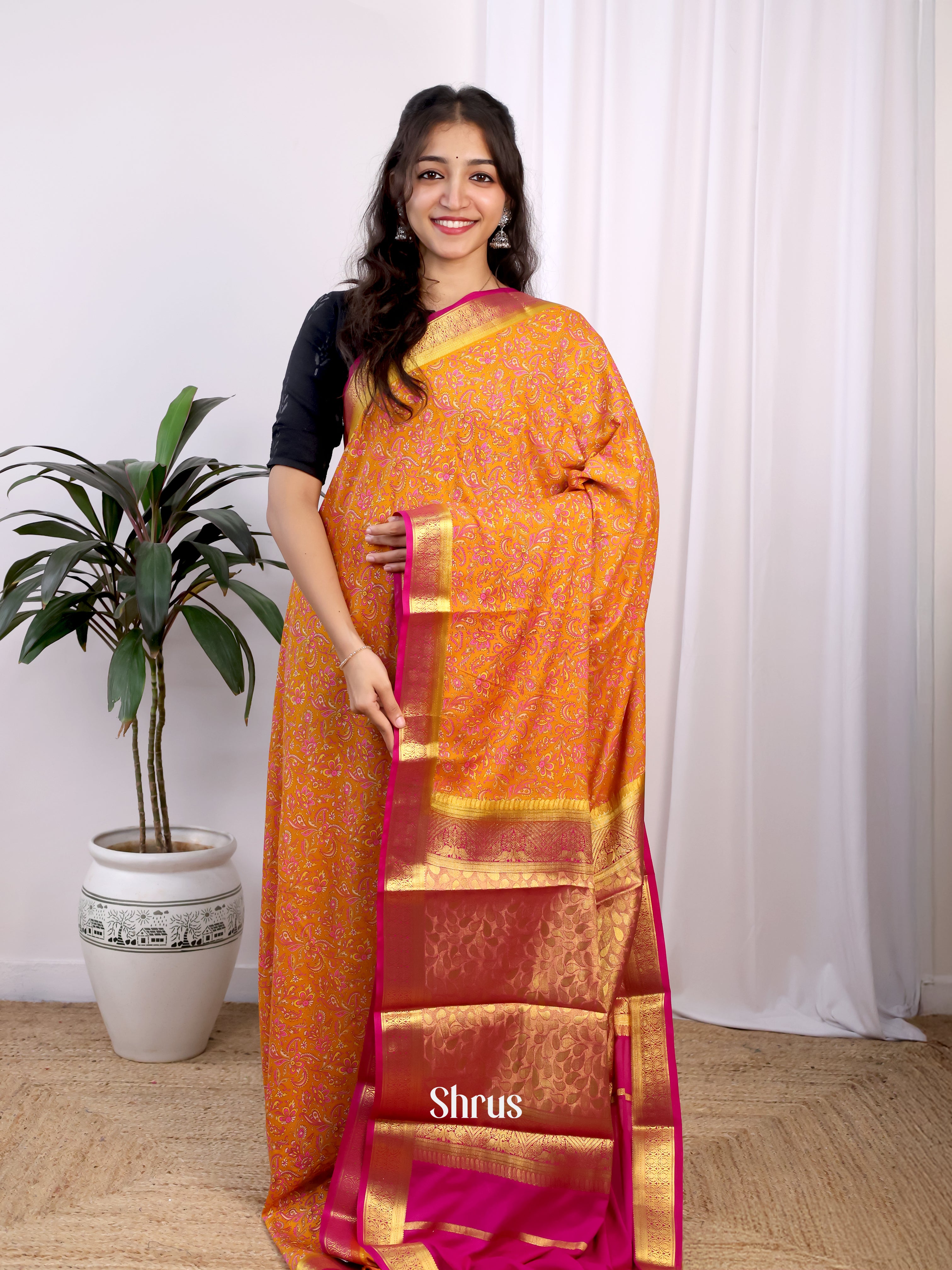 Orange & Pink - Semi Mysoresilk Saree - Shop on Shrus.com