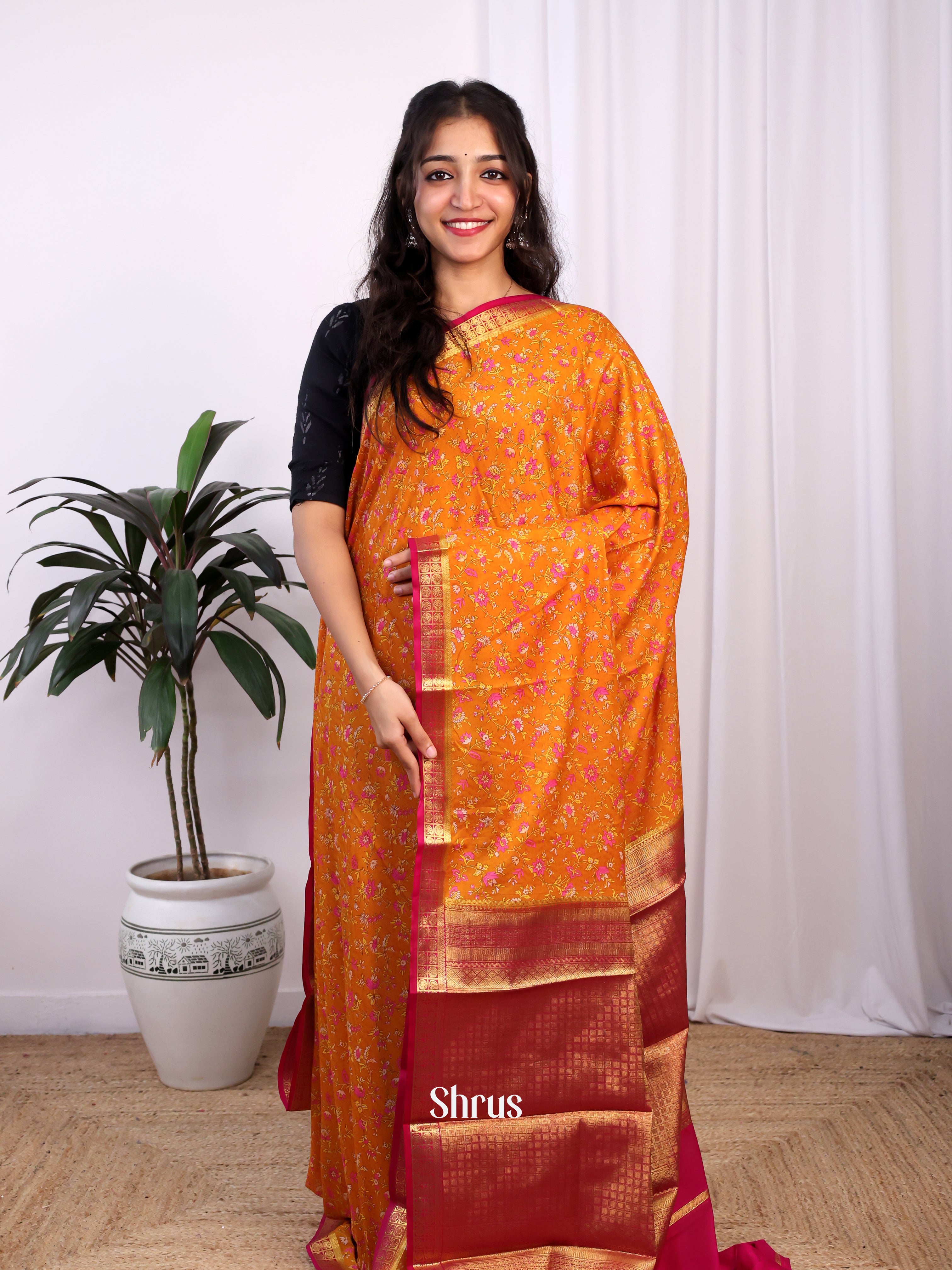 Orange & Pink - Semi Mysoresilk Saree - Shop on Shrus.com
