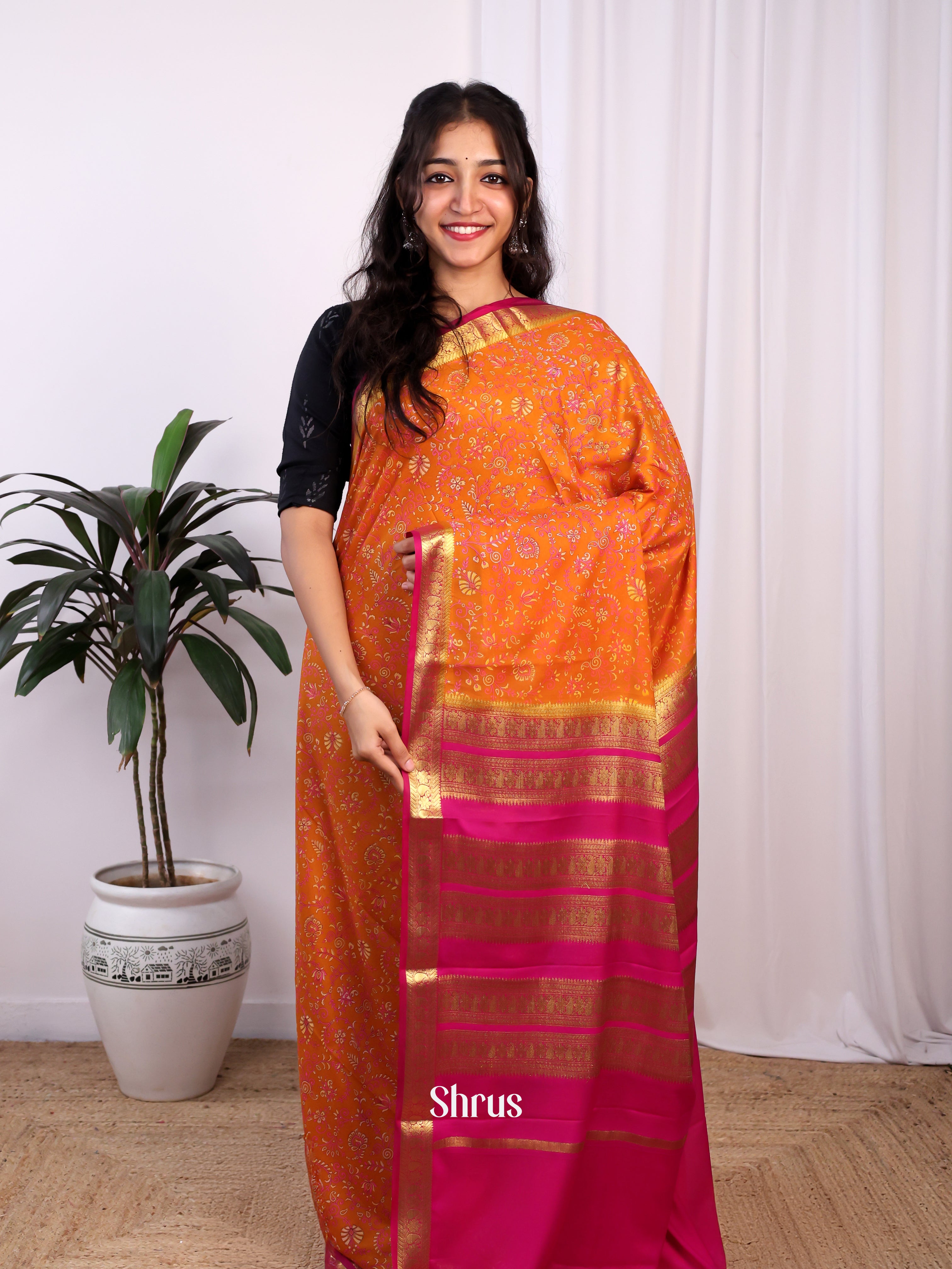 Orange & Pink - Semi Mysoresilk Saree - Shop on Shrus.com