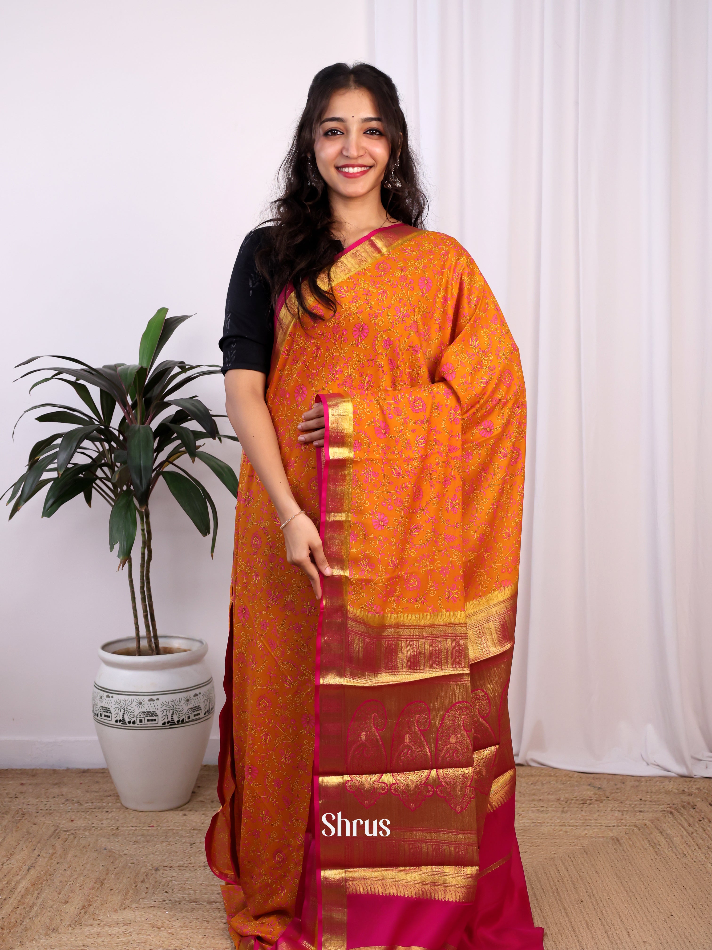Orange & Pink - Semi Mysoresilk Saree - Shop on Shrus.com
