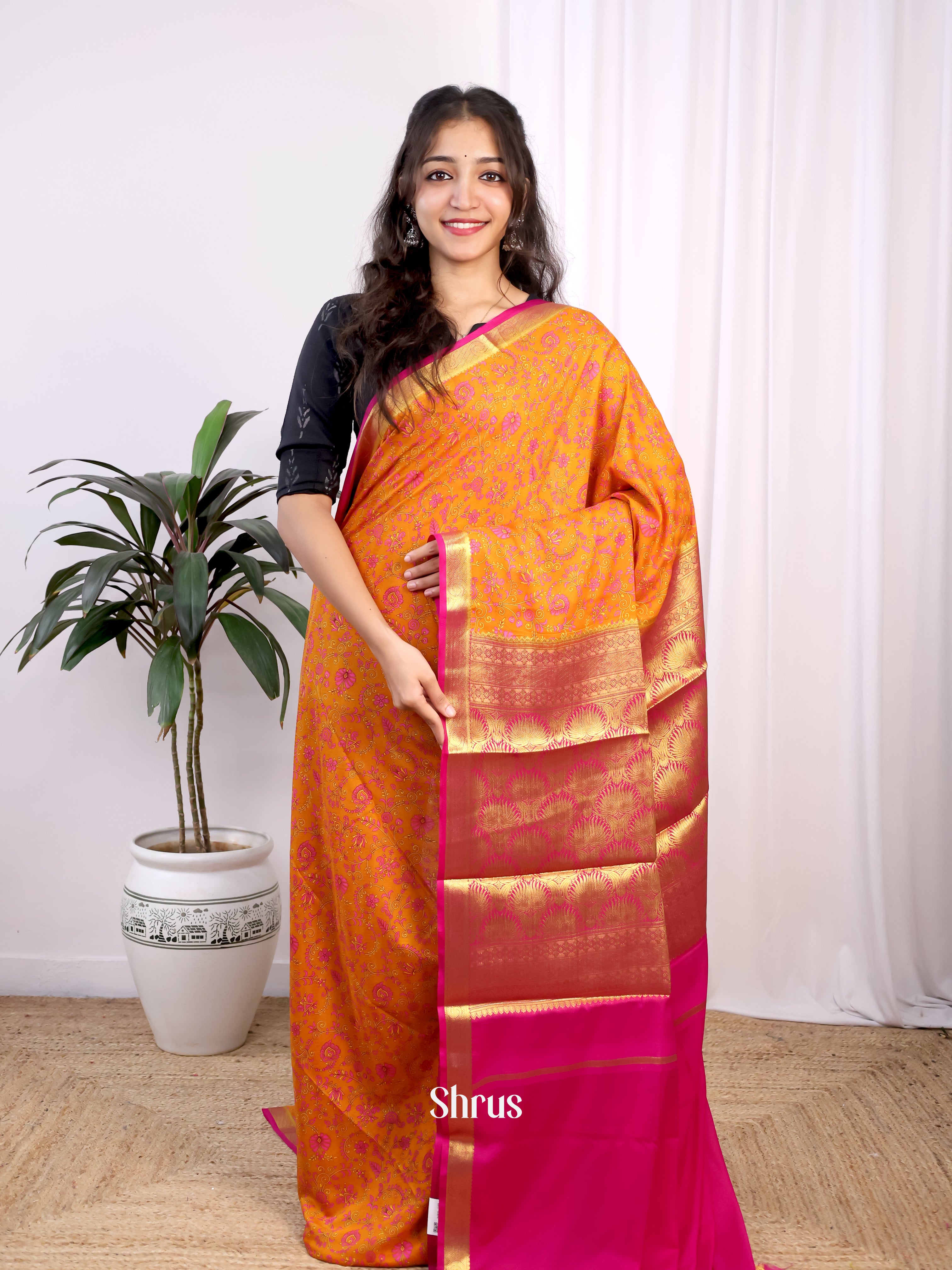 Orange & Pink - Semi Mysoresilk Saree - Shop on Shrus.com