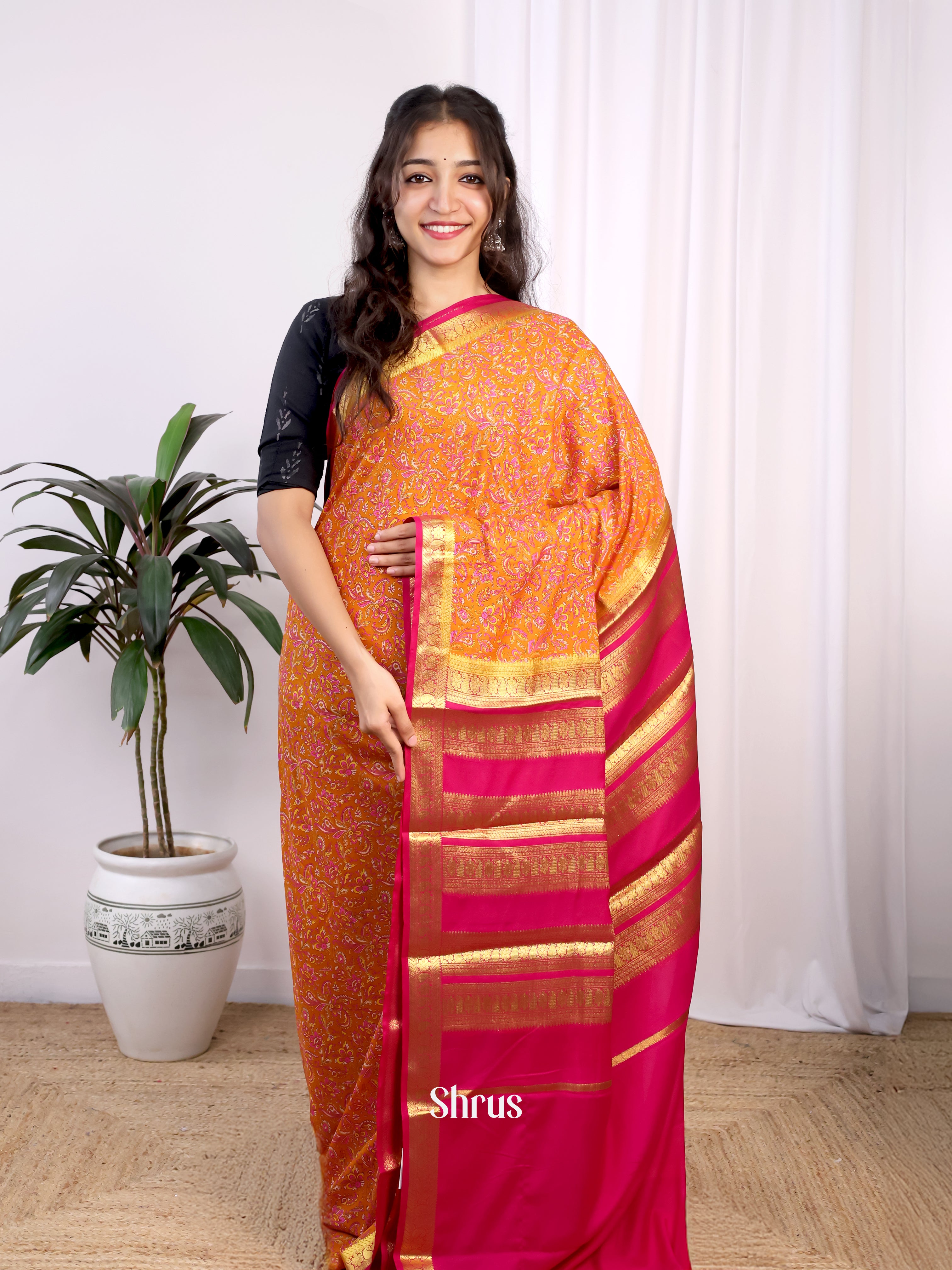 Orange & Pink - Semi Mysoresilk Saree - Shop on Shrus.com