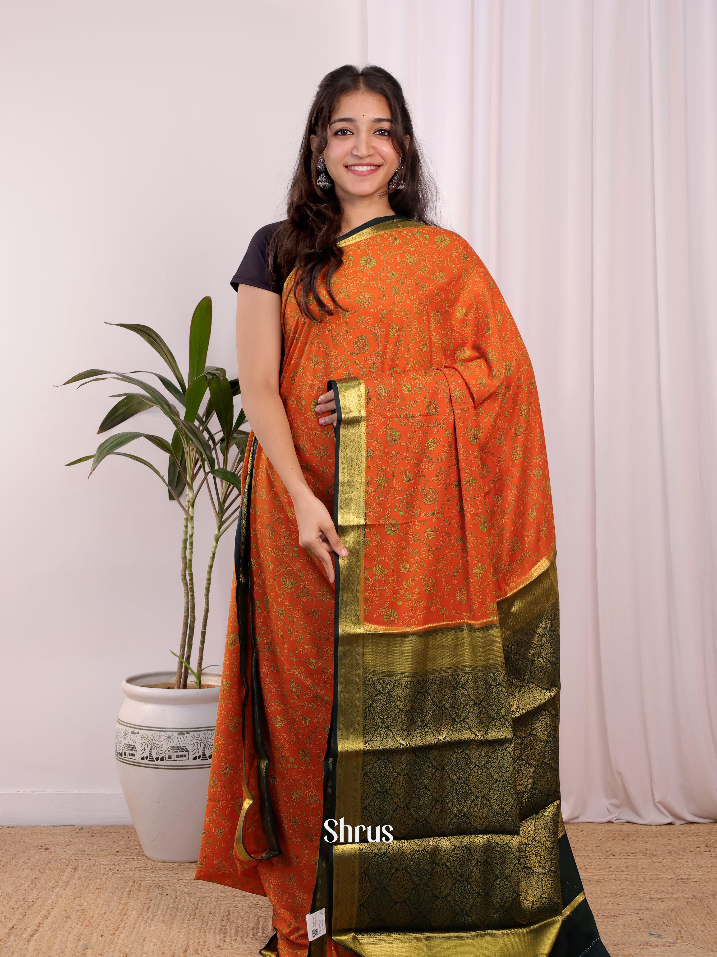 Orange & Green - Semi Mysoresilk Saree - Shop on Shrus.com