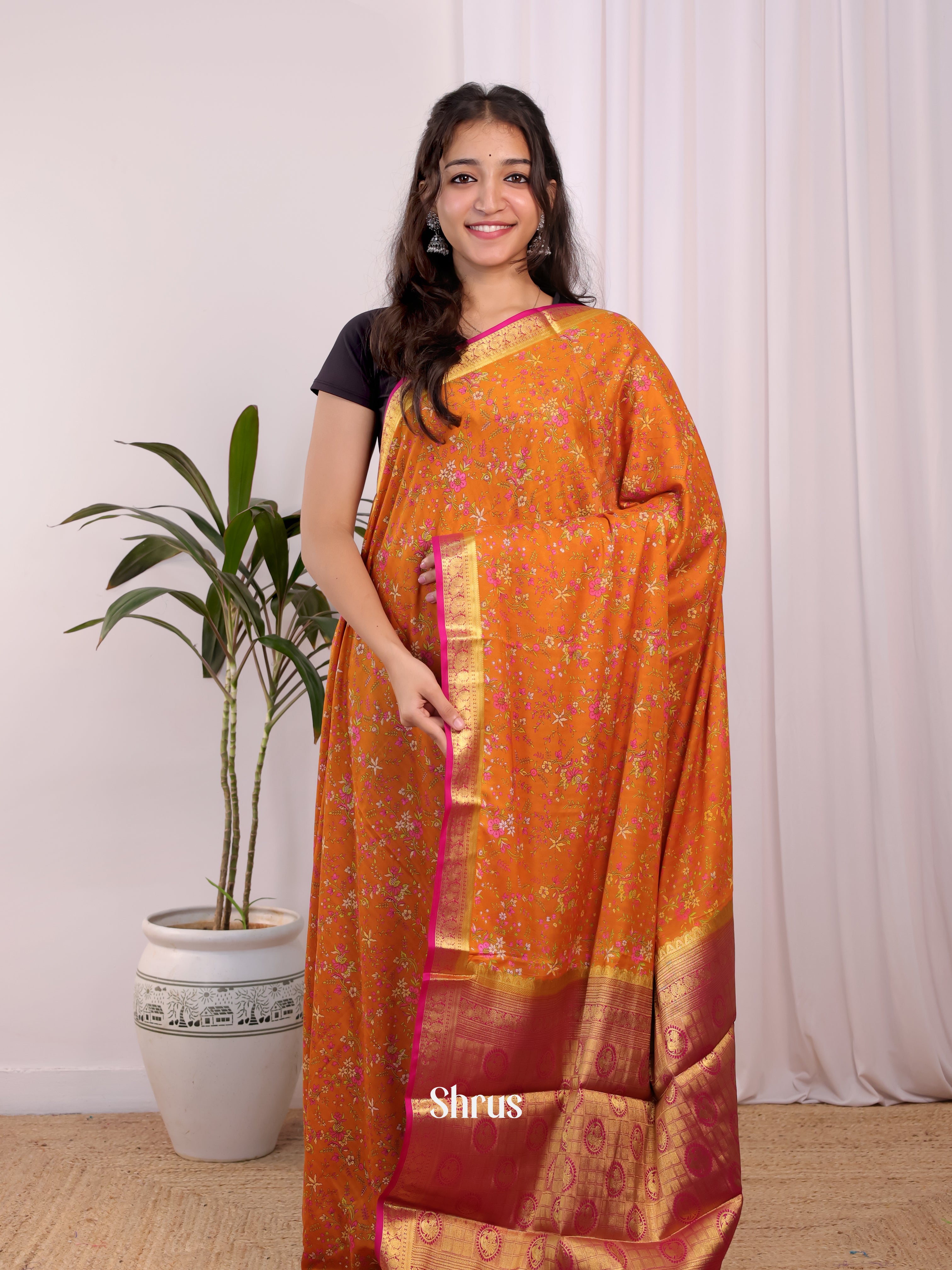 Orange & Pink - Semi Mysoresilk Saree - Shop on Shrus.com