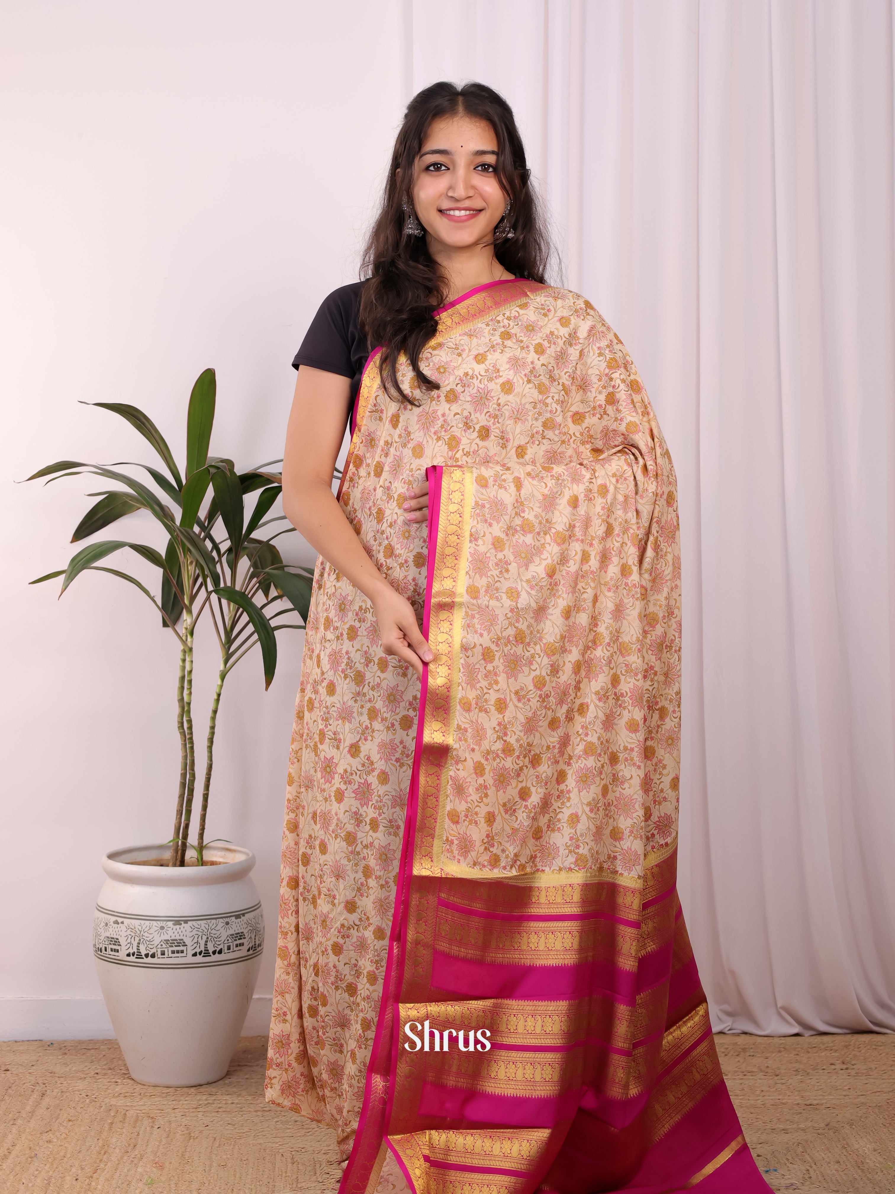 Mild Pink & Pink - Semi Mysoresilk Saree - Shop on Shrus.com