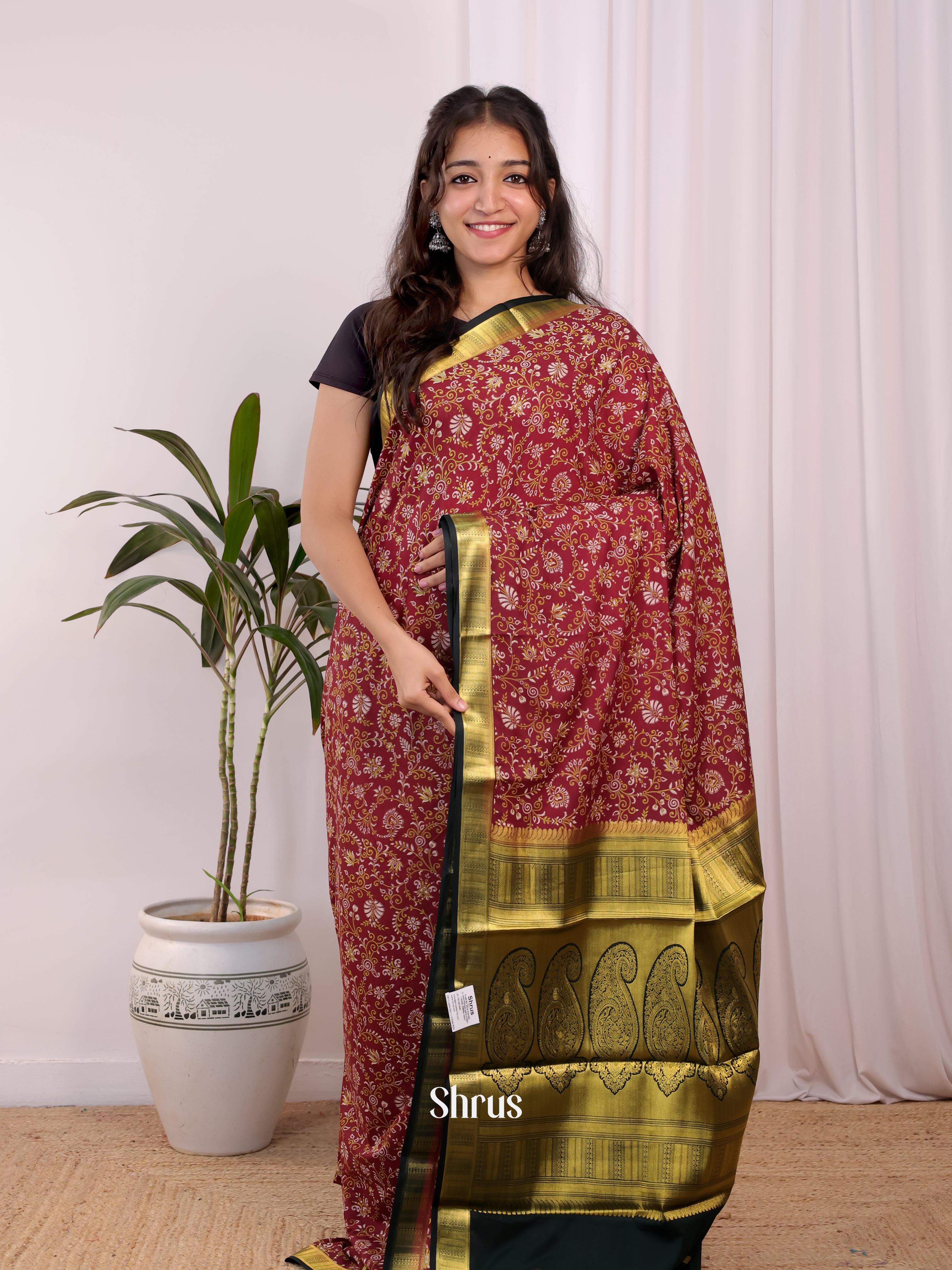 Maroon & Green- Semi Mysoresilk Saree - Shop on Shrus.com