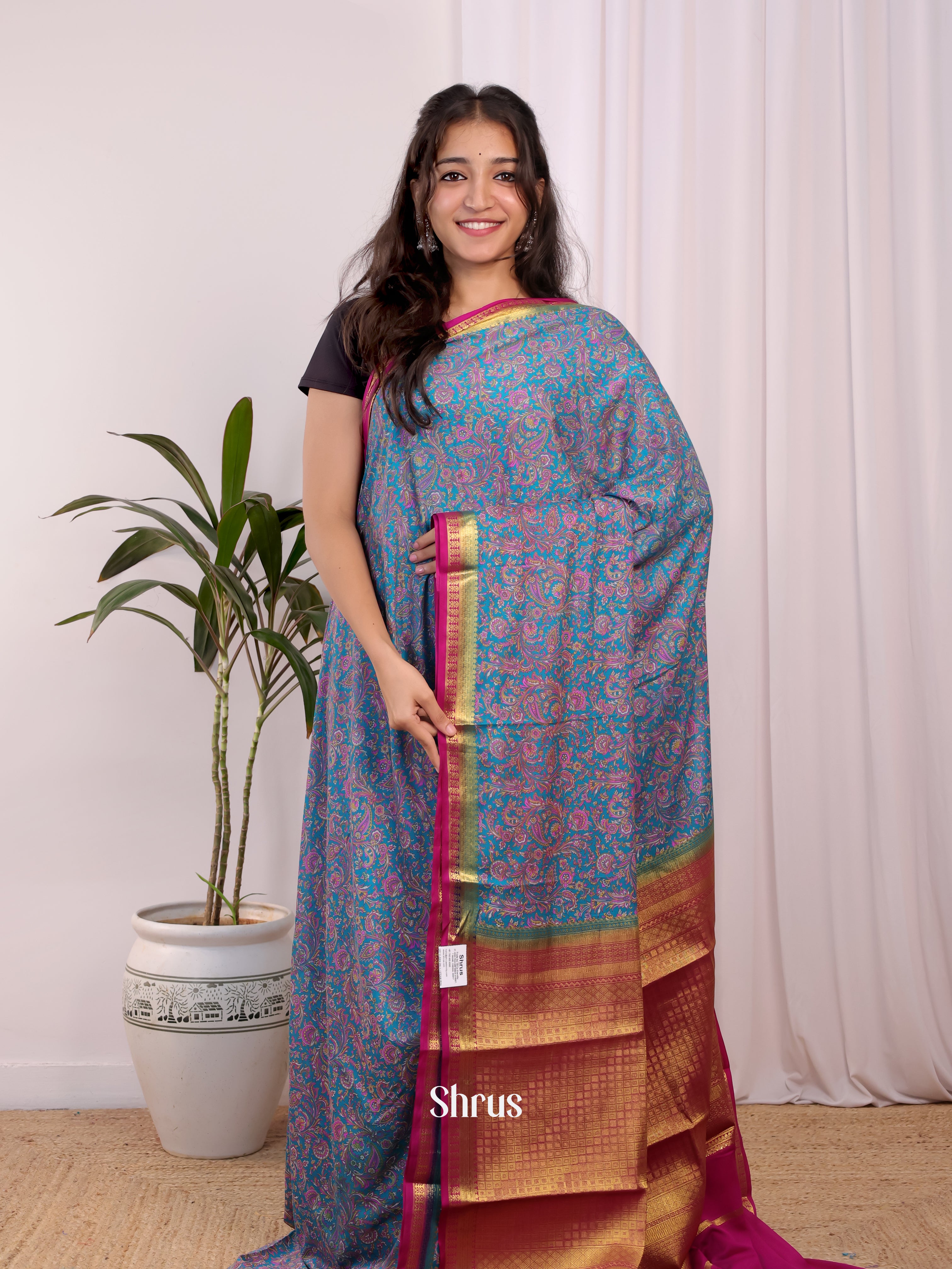 Blue & Pink - Semi Mysoresilk Saree - Shop on Shrus.com