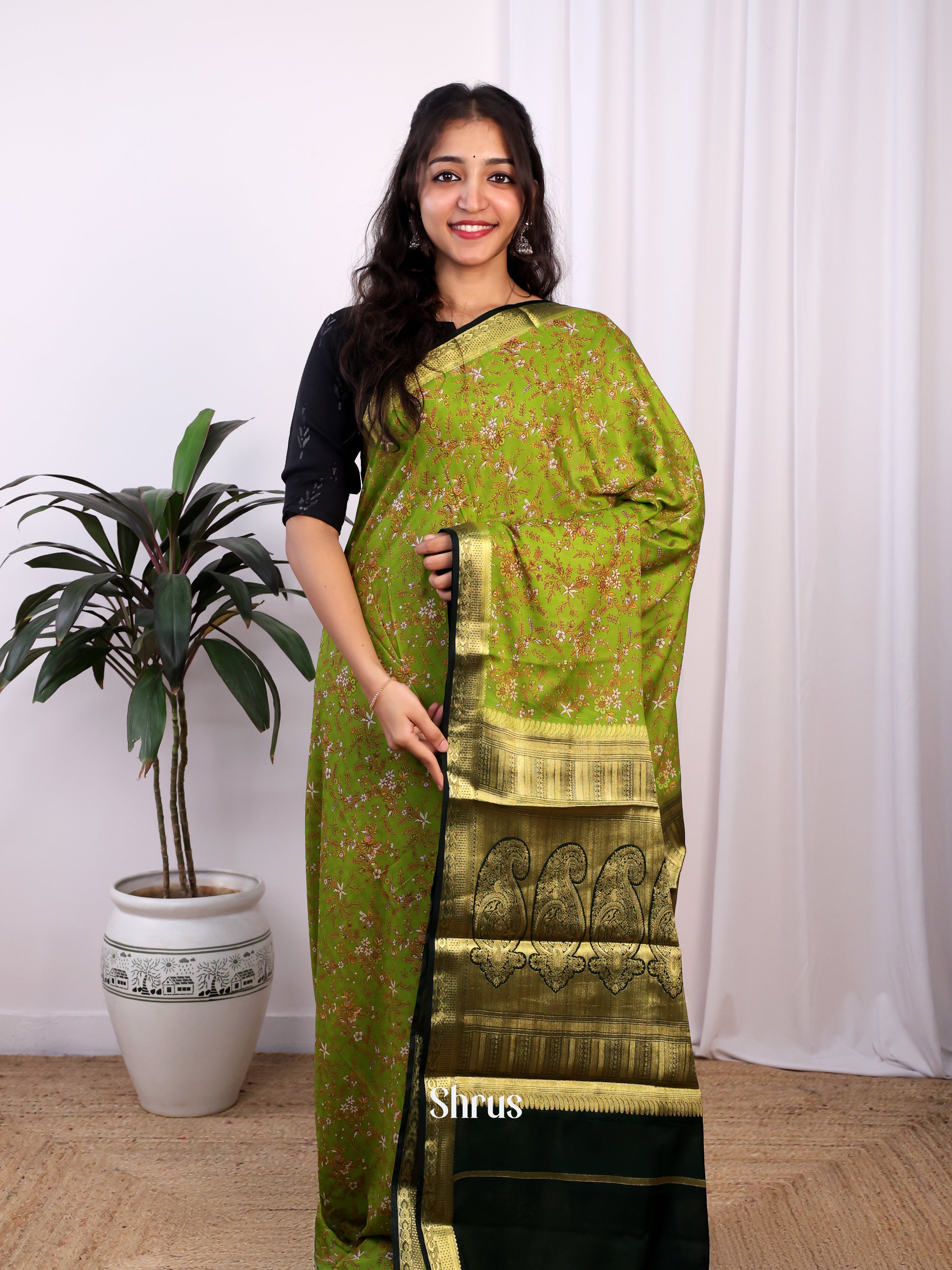 Lite Green & Green- Semi Mysoresilk Saree - Shop on Shrus.com