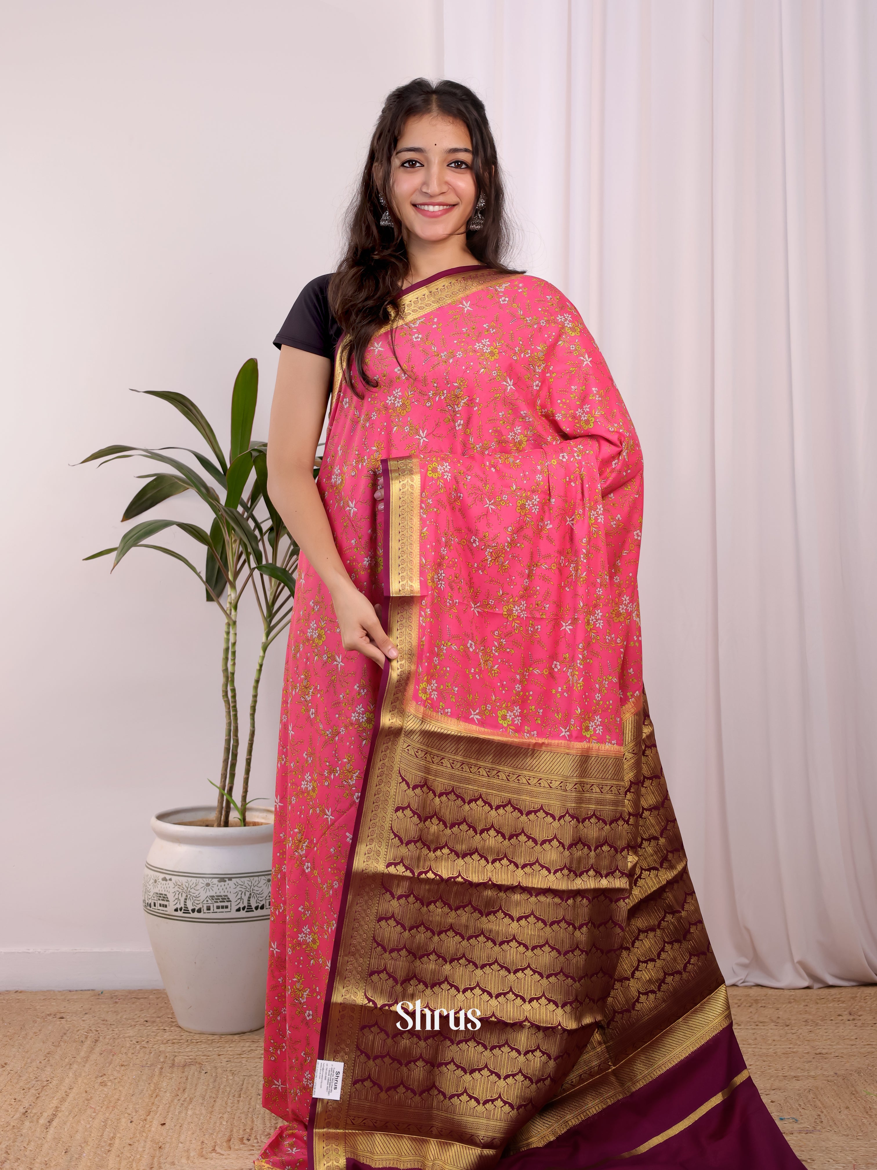 Pink & Maroon - Semi Mysoresilk Saree - Shop on Shrus.com