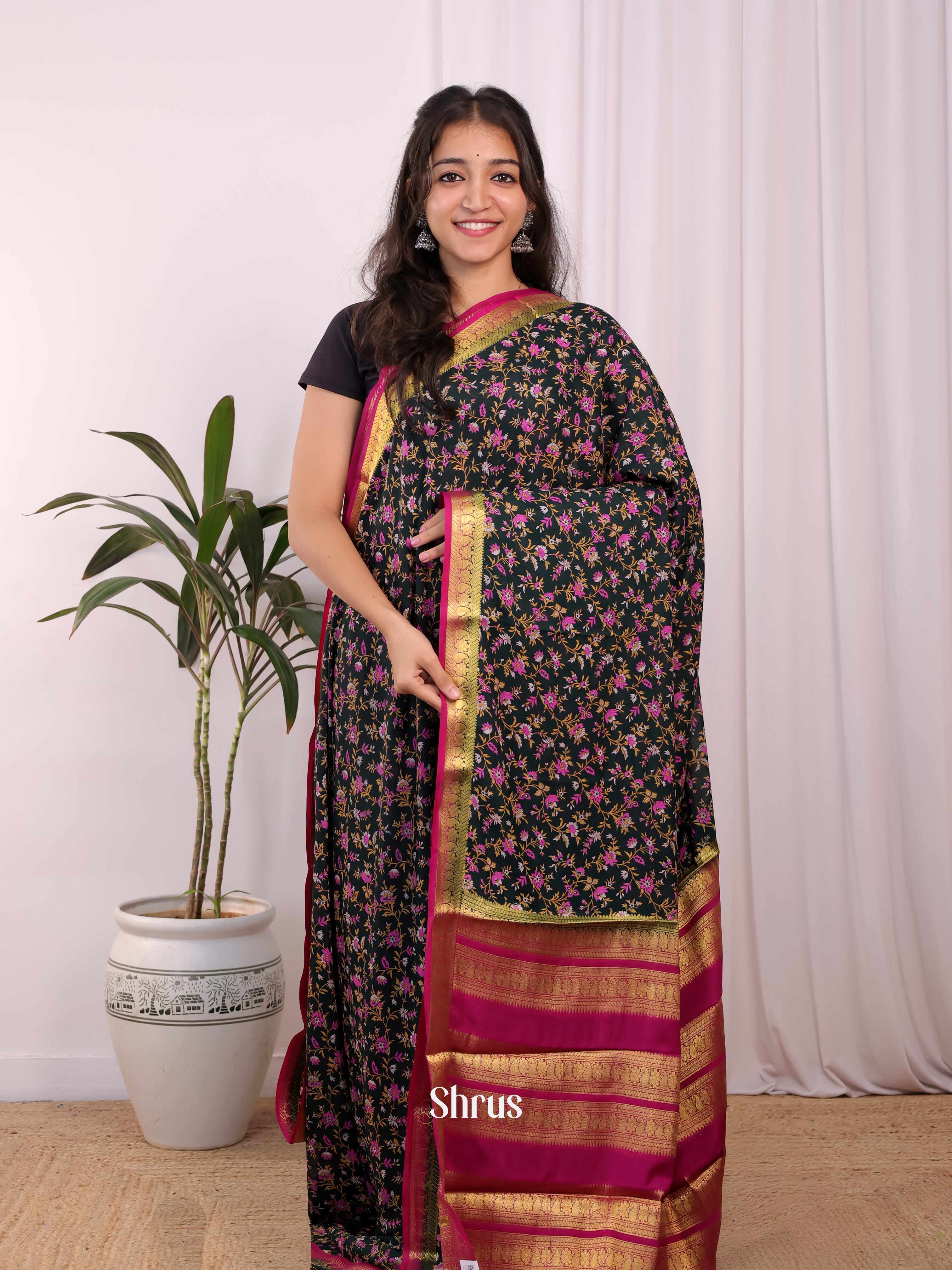 Green & Pink - Semi Mysoresilk Saree - Shop on Shrus.com