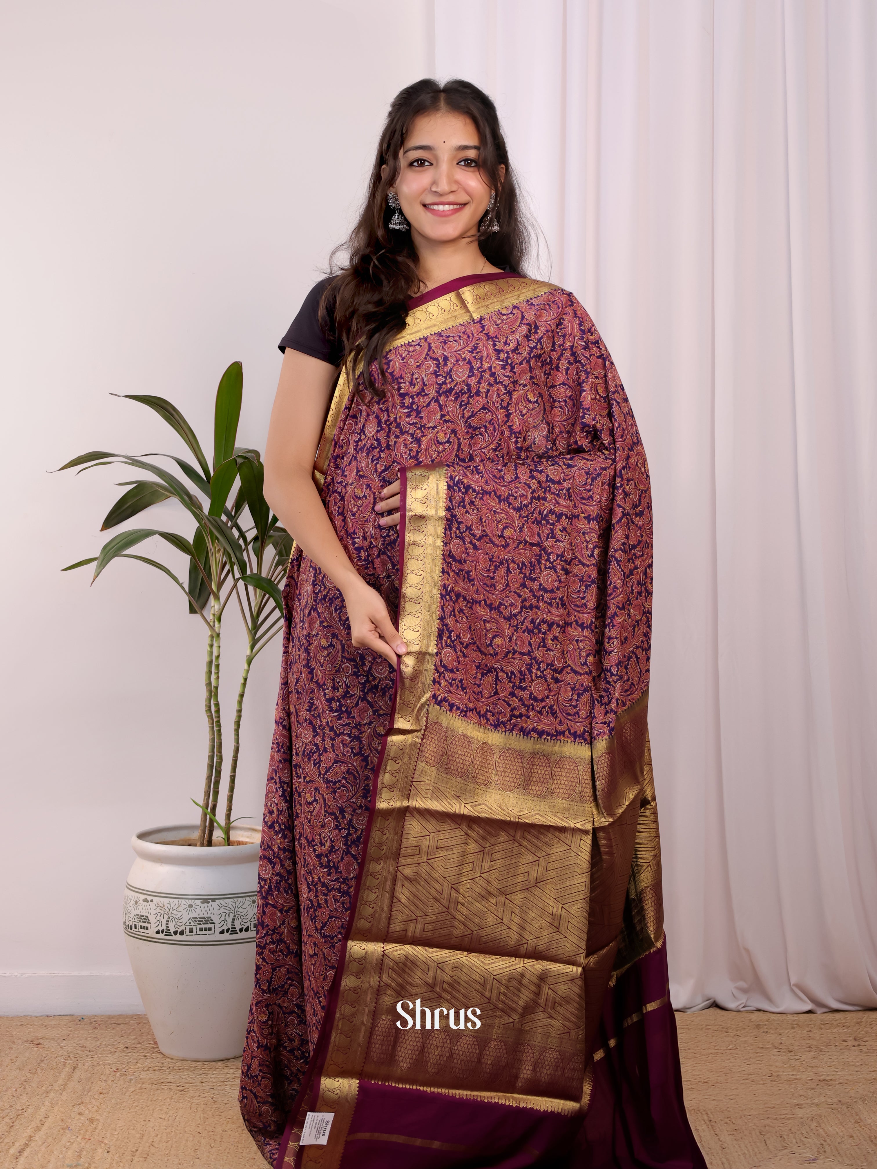 Violet & Maroon - Semi Mysoresilk Saree - Shop on Shrus.com