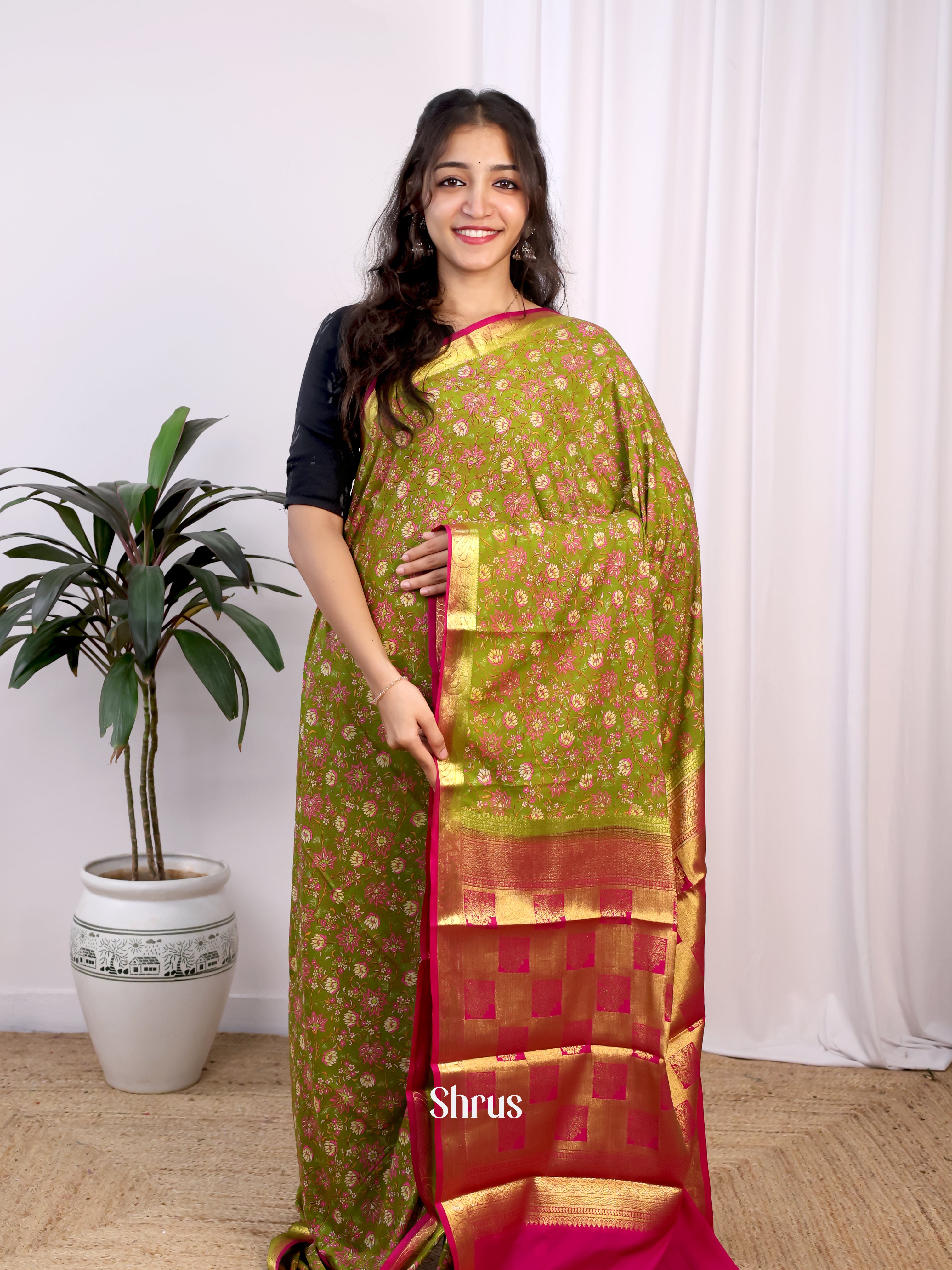 Green & Pink - Semi Mysoresilk Saree - Shop on Shrus.com