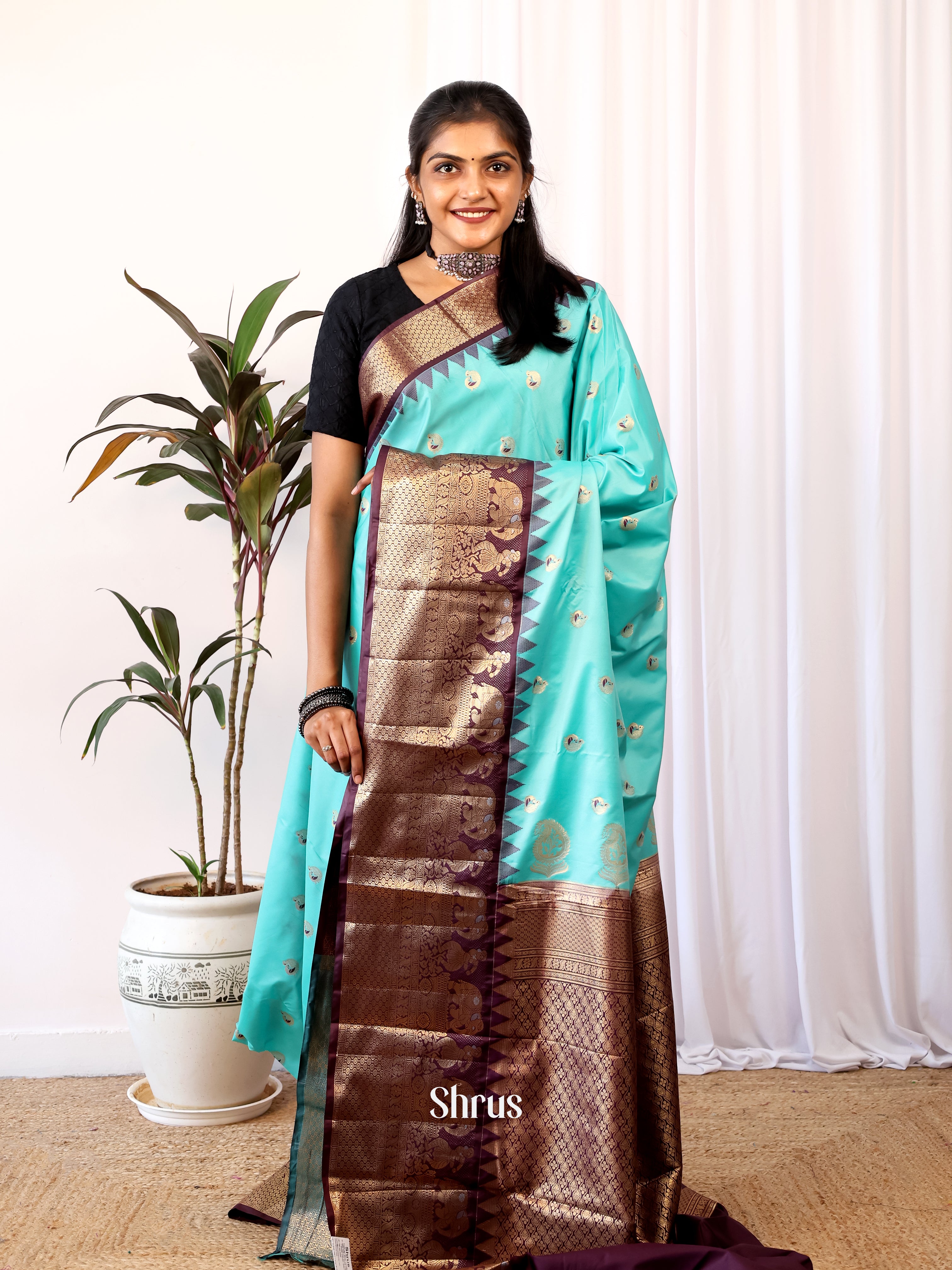 Turquoise Blue & Brown - Gadwal halfpure Saree - Shop on Shrus.com