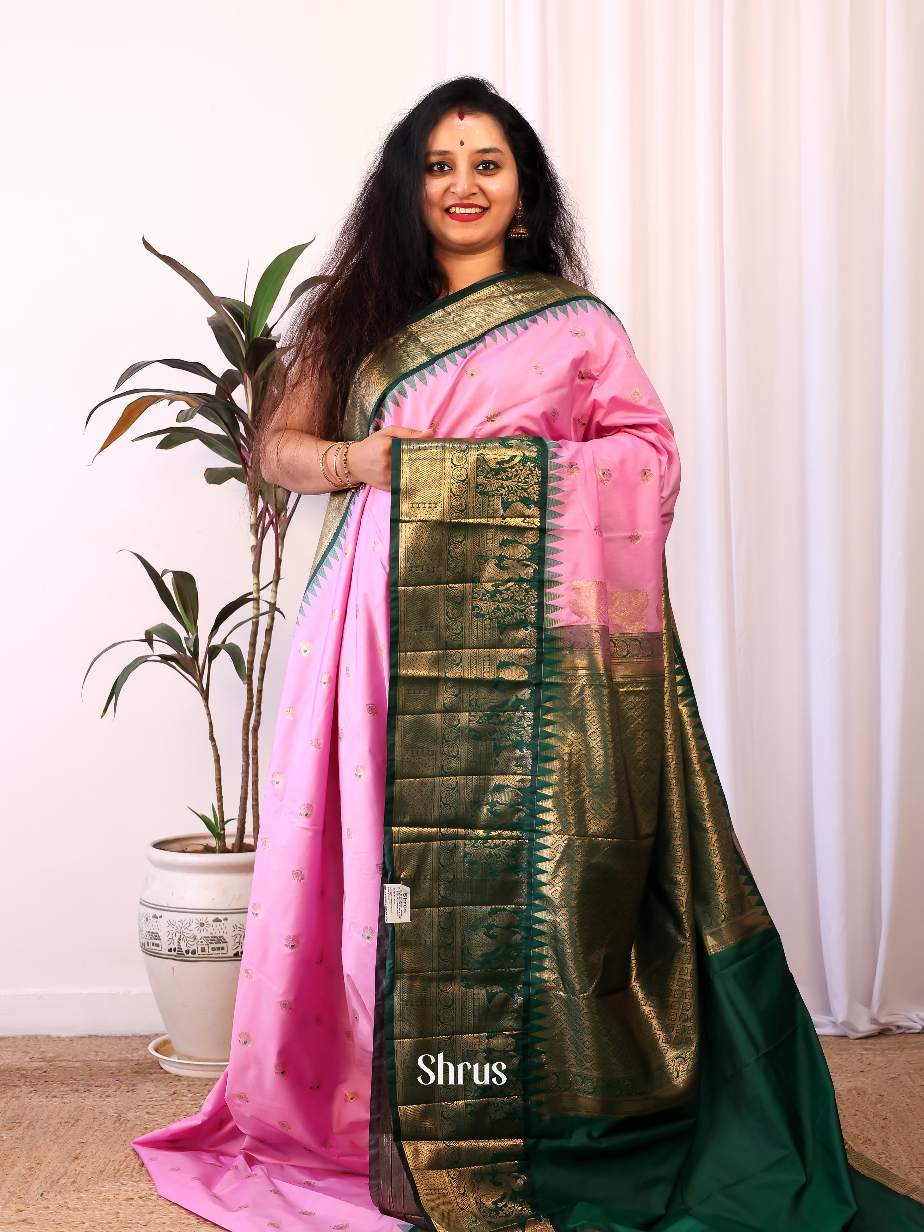Pink & Green - Gadwal halfpure Saree - Shop on Shrus.com