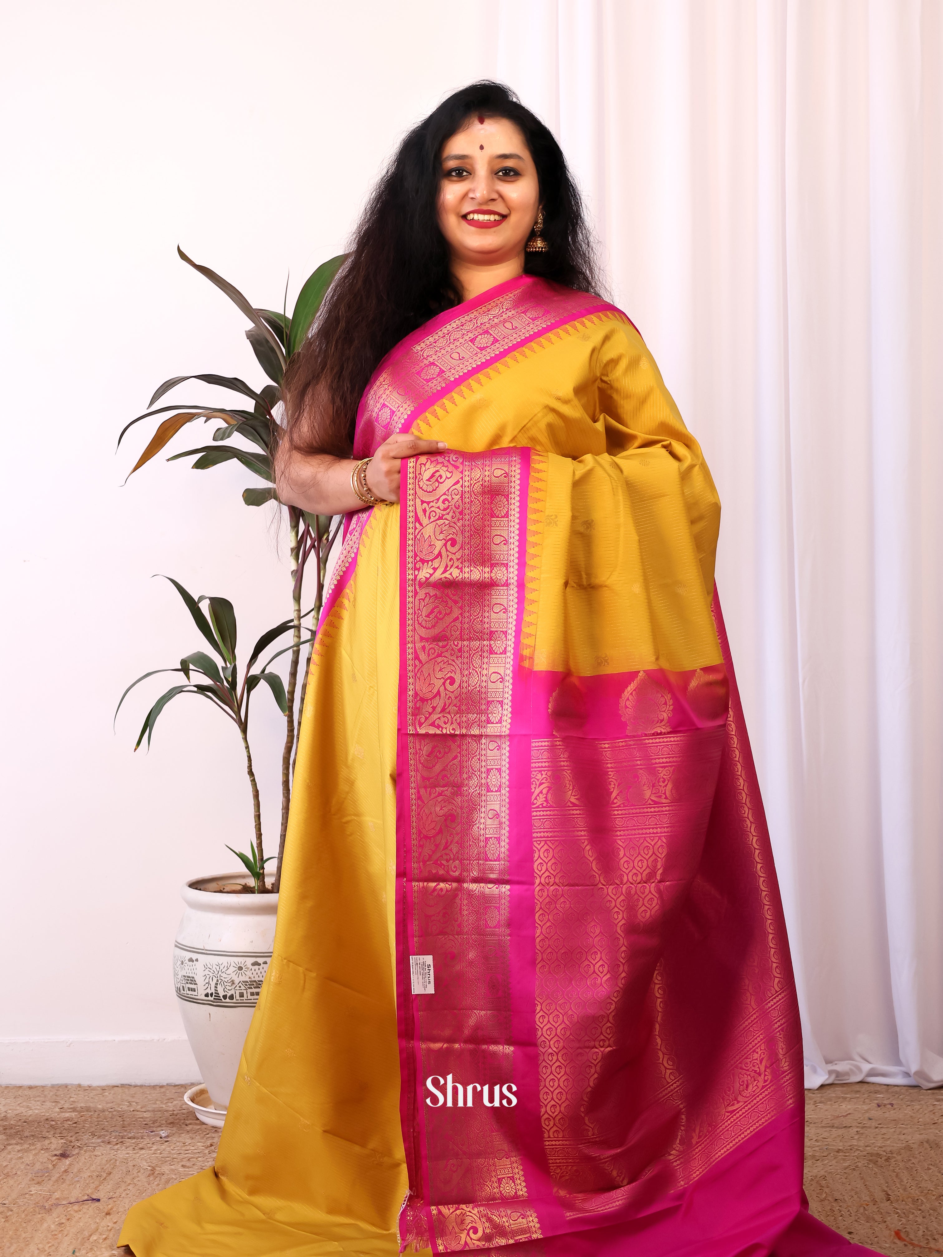 Mustard & Pink - Gadwal halfpure Saree - Shop on Shrus.com