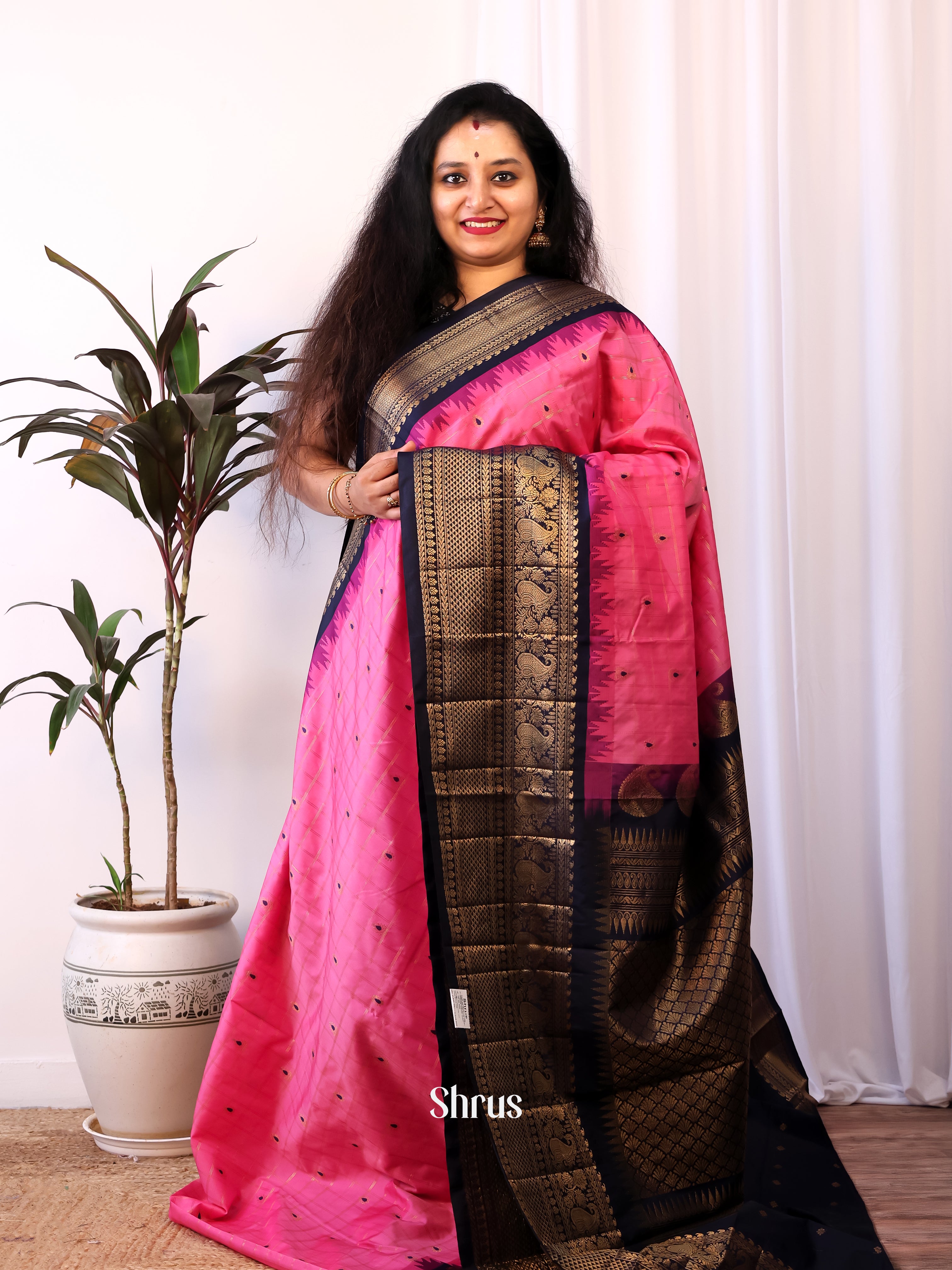 Pink & Black - Gadwal halfpure Saree - Shop on Shrus.com