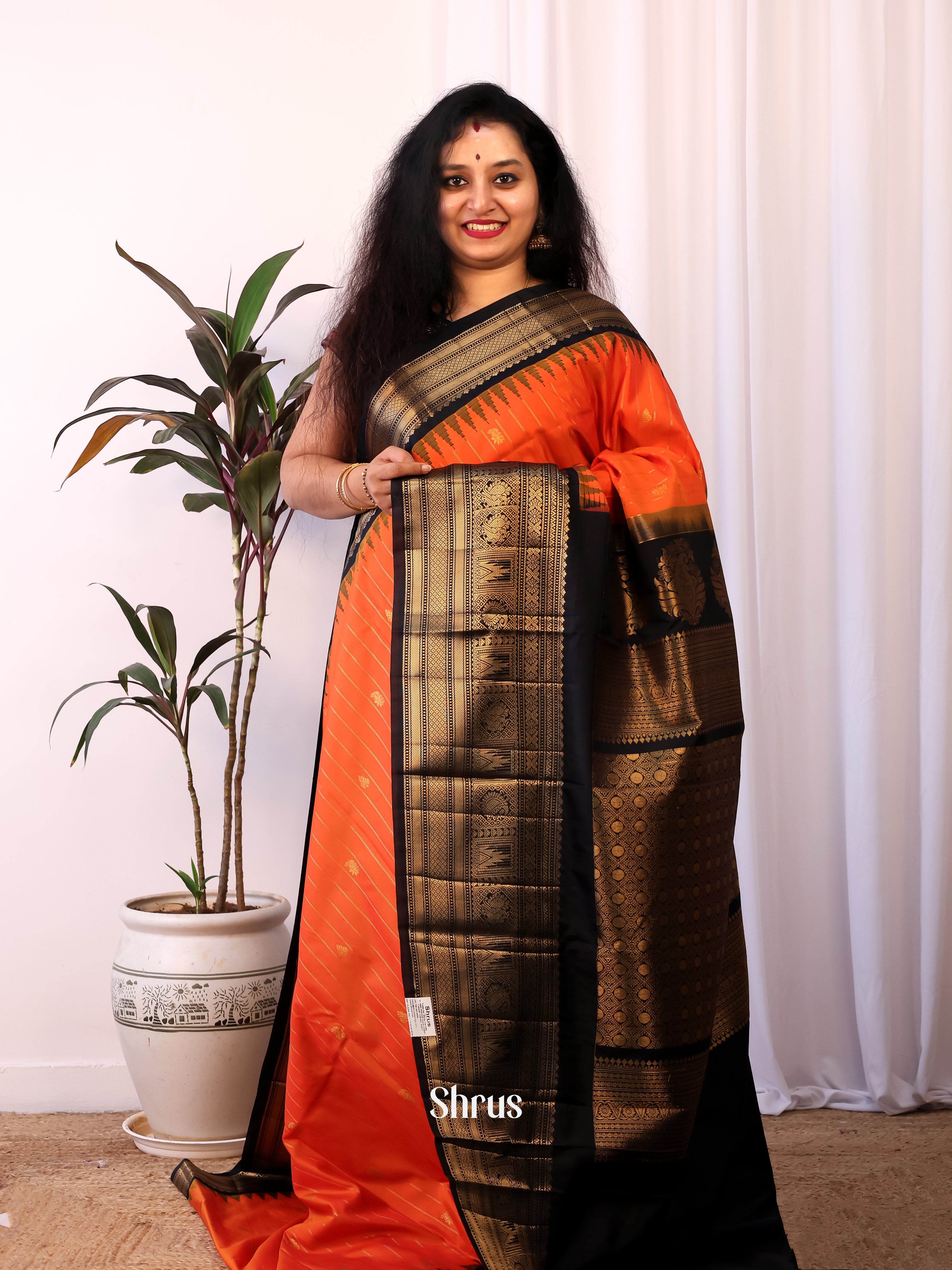 Orange & Black- Gadwal halfpure Saree - Shop on Shrus.com