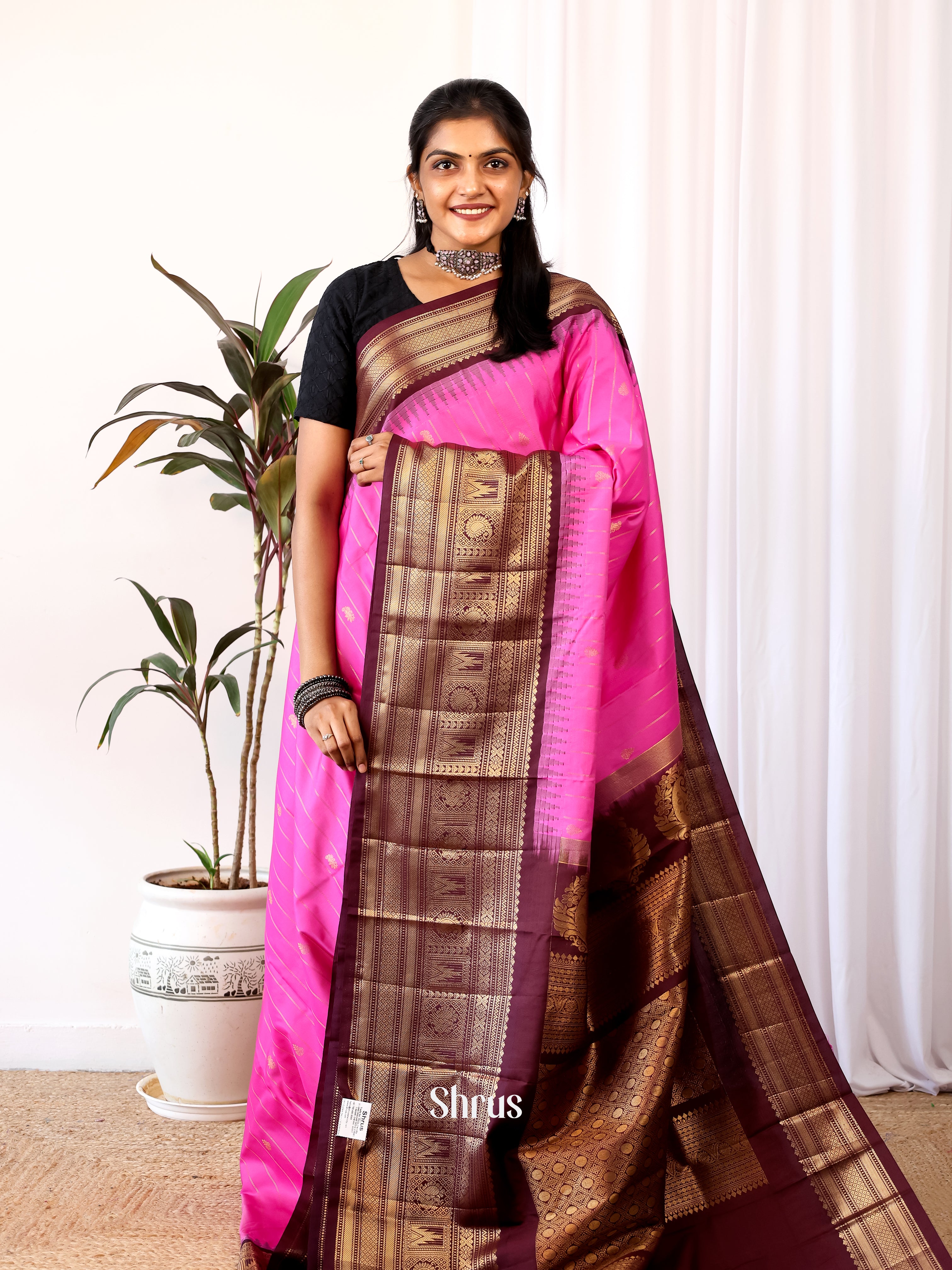 Pink & Maroon - Gadwal halfpure Saree - Shop on Shrus.com