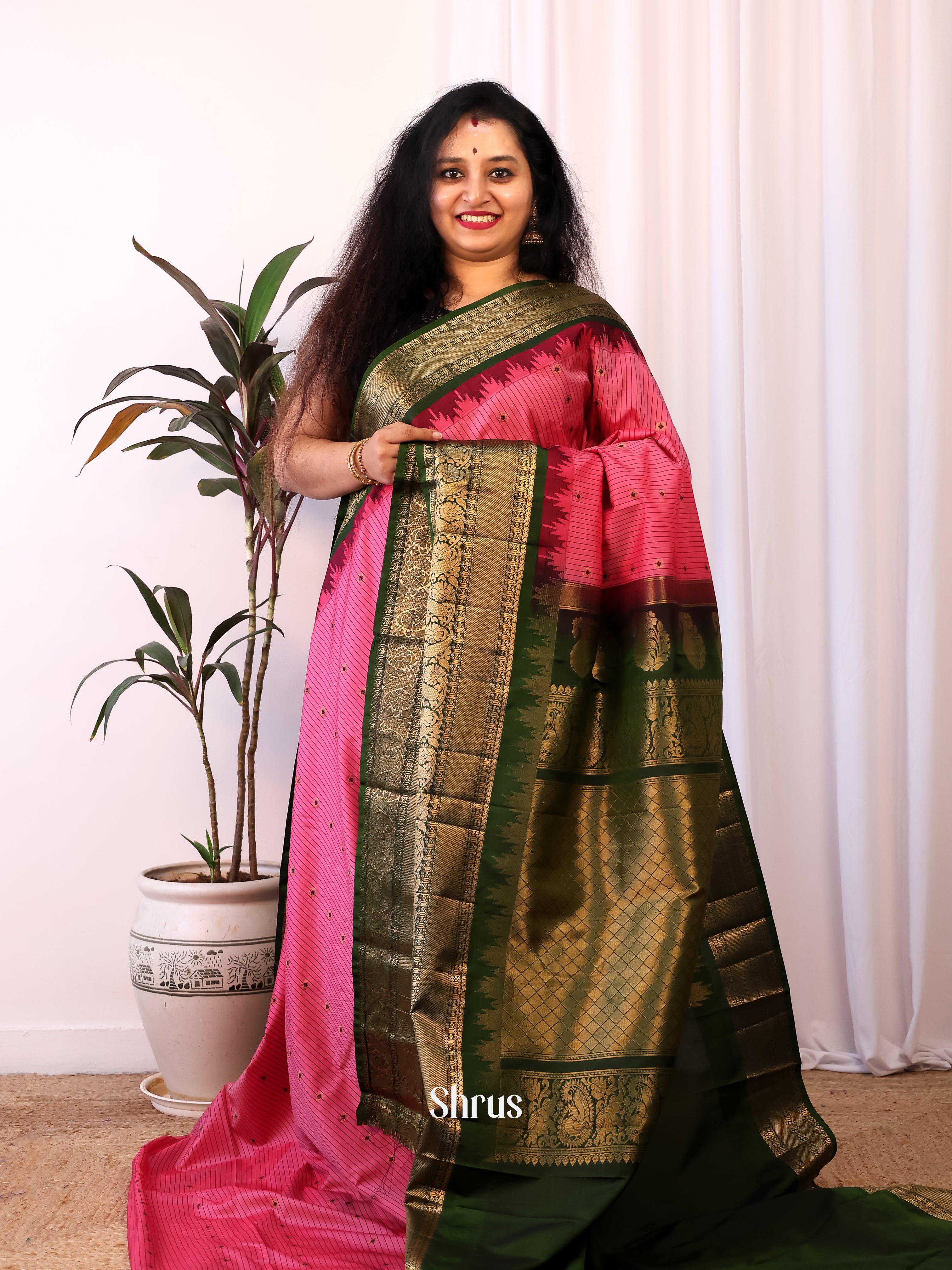 Pink & Green - Gadwal halfpure Saree - Shop on Shrus.com