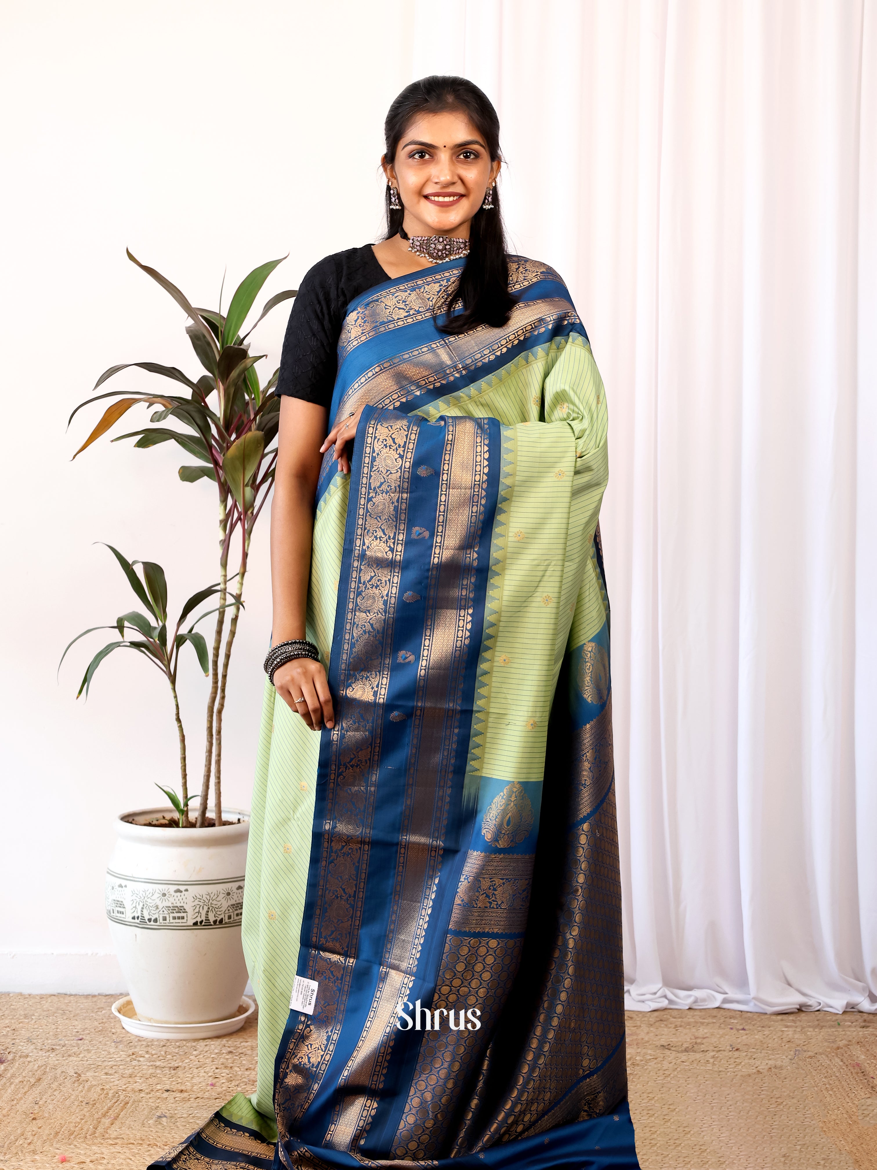Pista Green & Blue - Gadwal halfpure Saree - Shop on Shrus.com