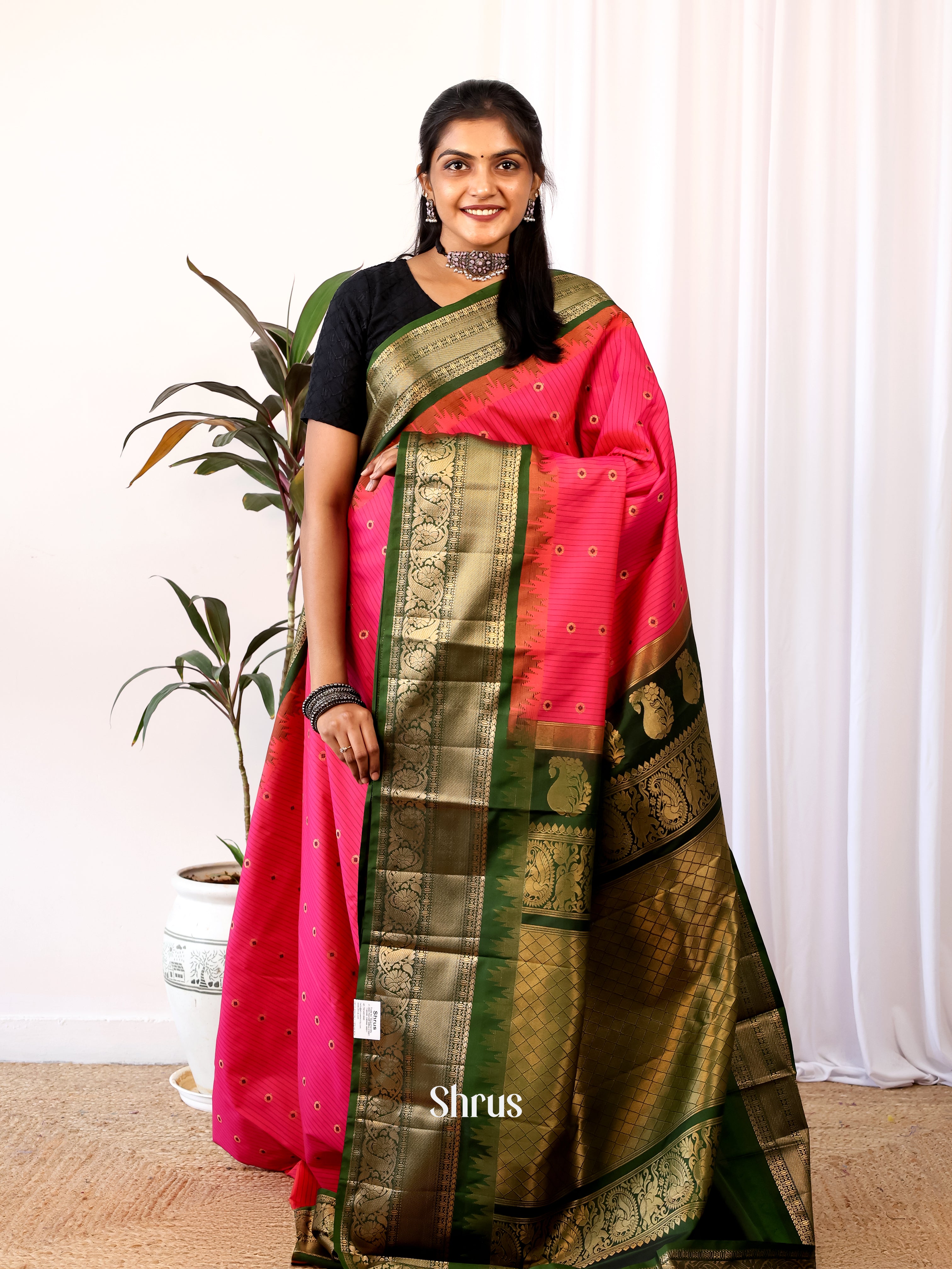 Pink & Green - Gadwal halfpure Saree - Shop on Shrus.com