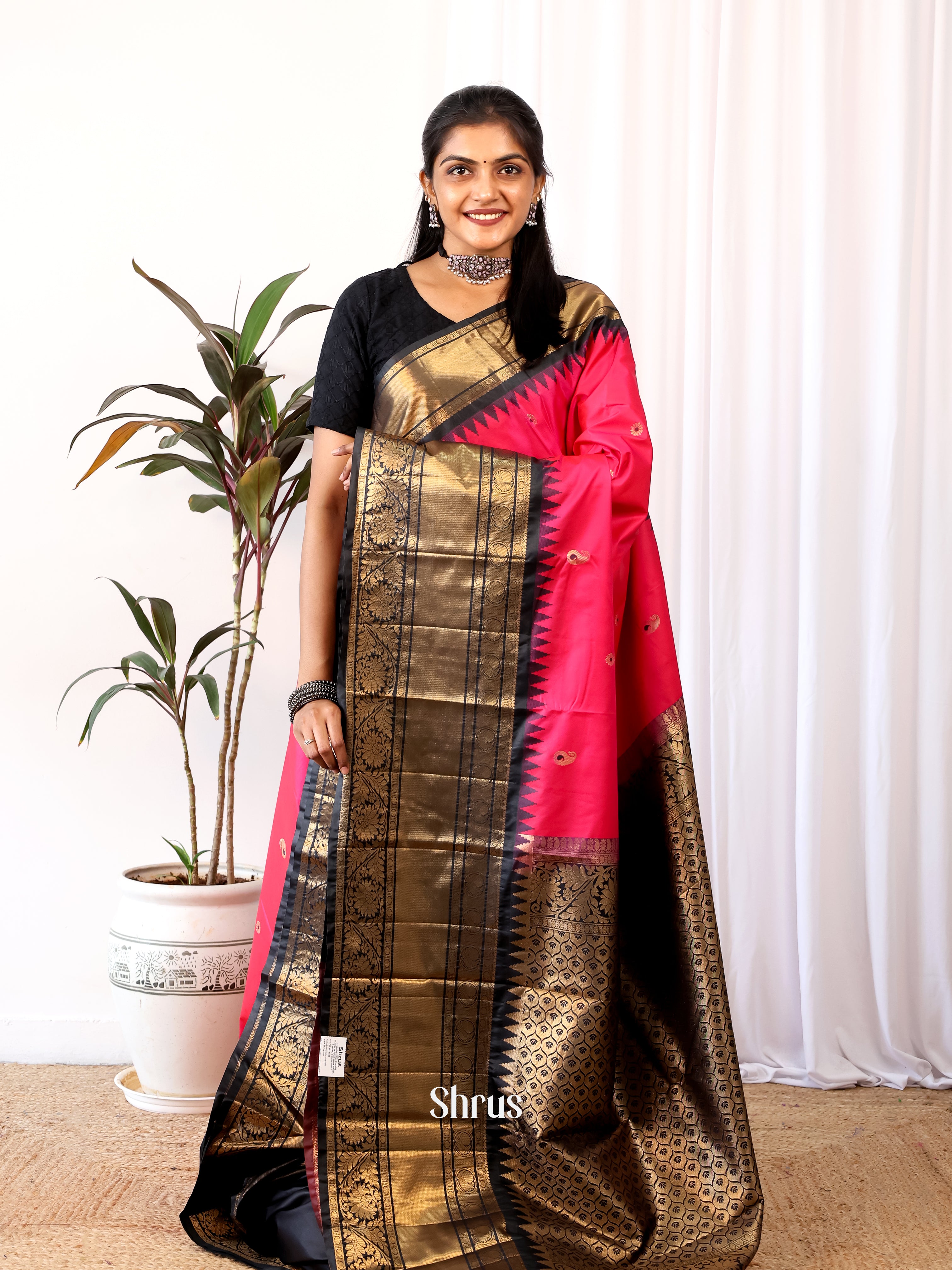 Pink & Black - Gadwal halfpure Saree - Shop on Shrus.com