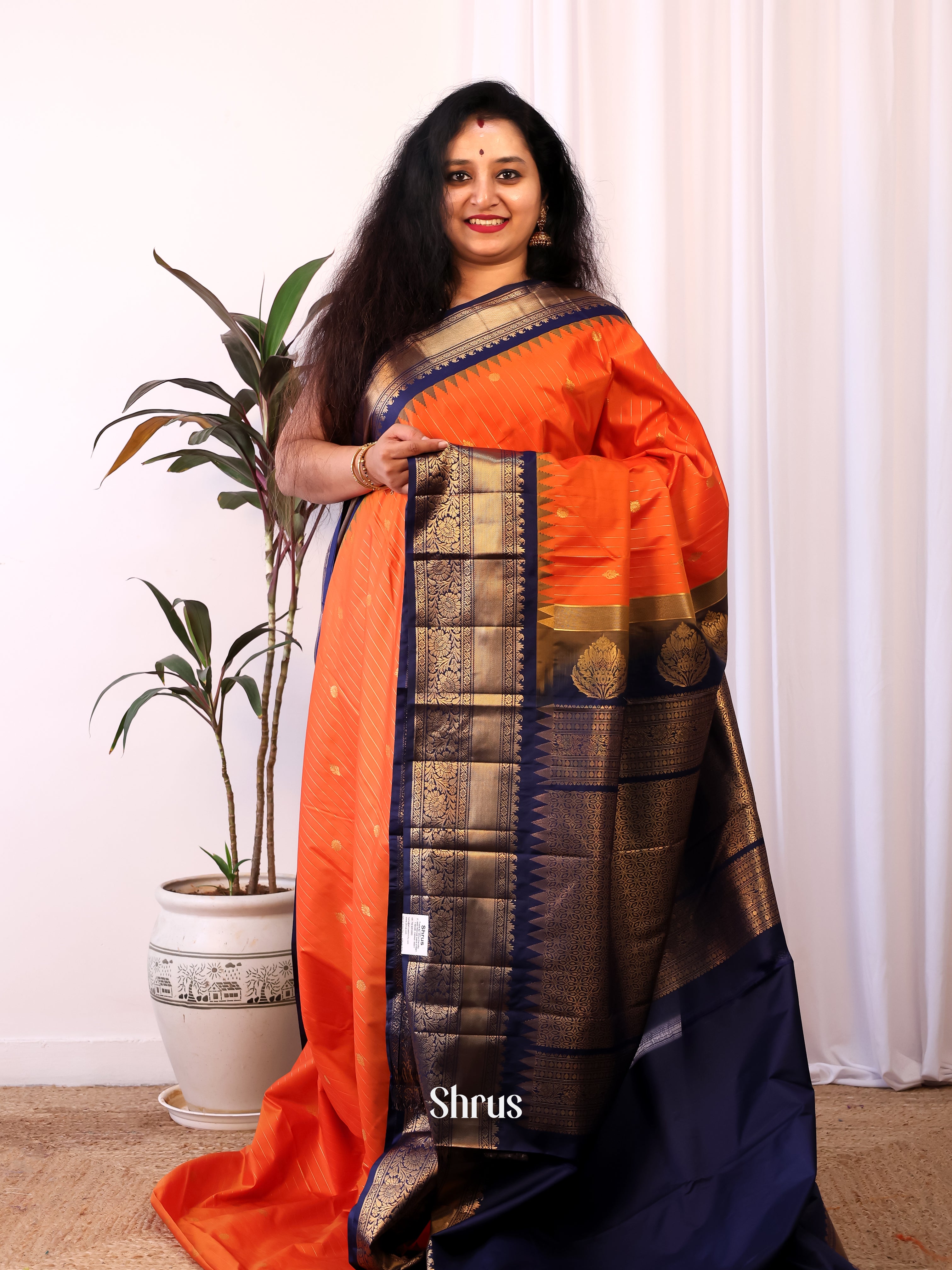 Orange & Blue - Gadwal halfpure Saree - Shop on Shrus.com