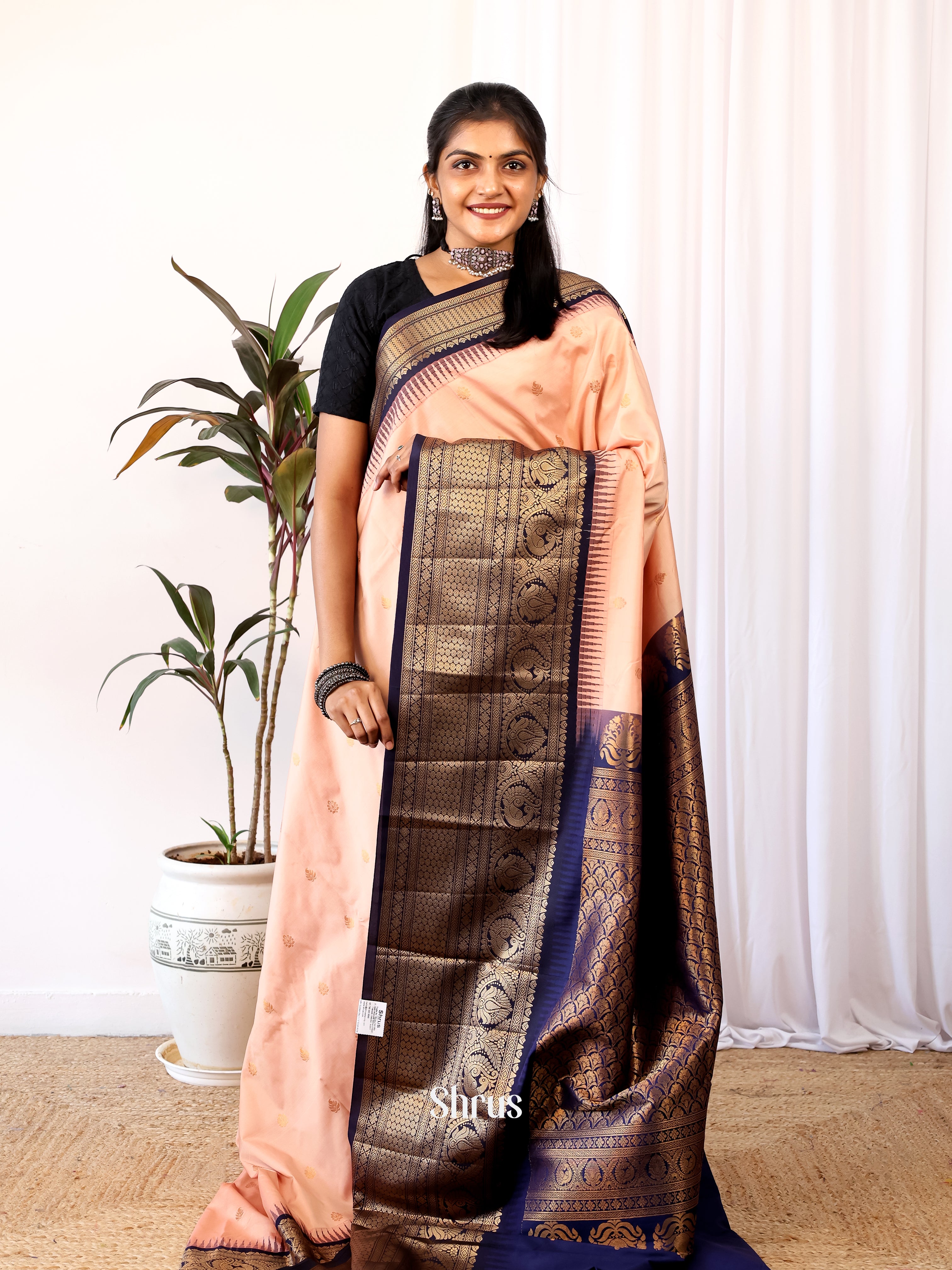Peach & Blue- Gadwal halfpure Saree - Shop on Shrus.com