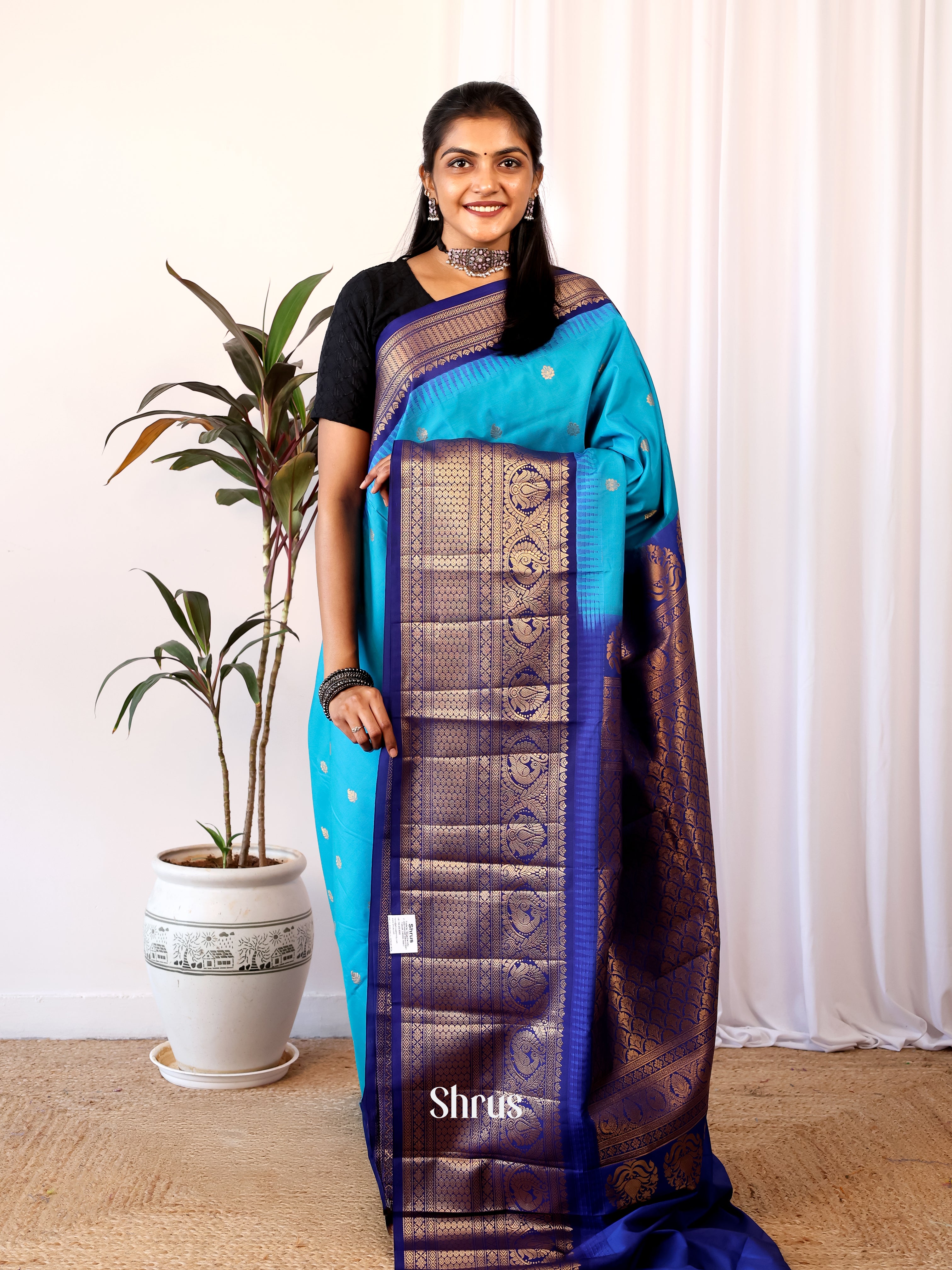 Teal & Blue - Gadwal halfpure Saree - Shop on Shrus.com