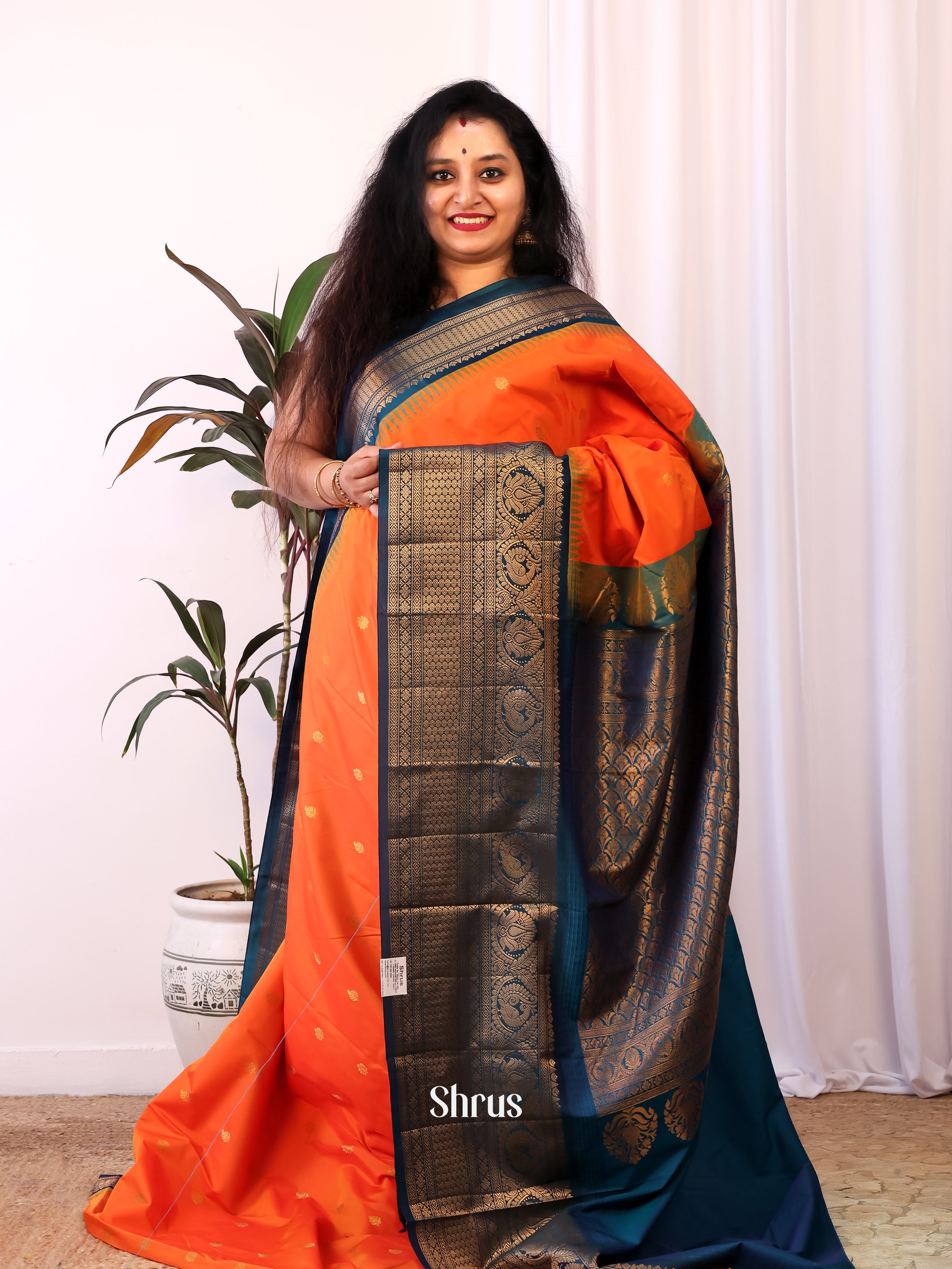 Orange & Peacock Blue - Gadwal halfpure Saree - Shop on Shrus.com