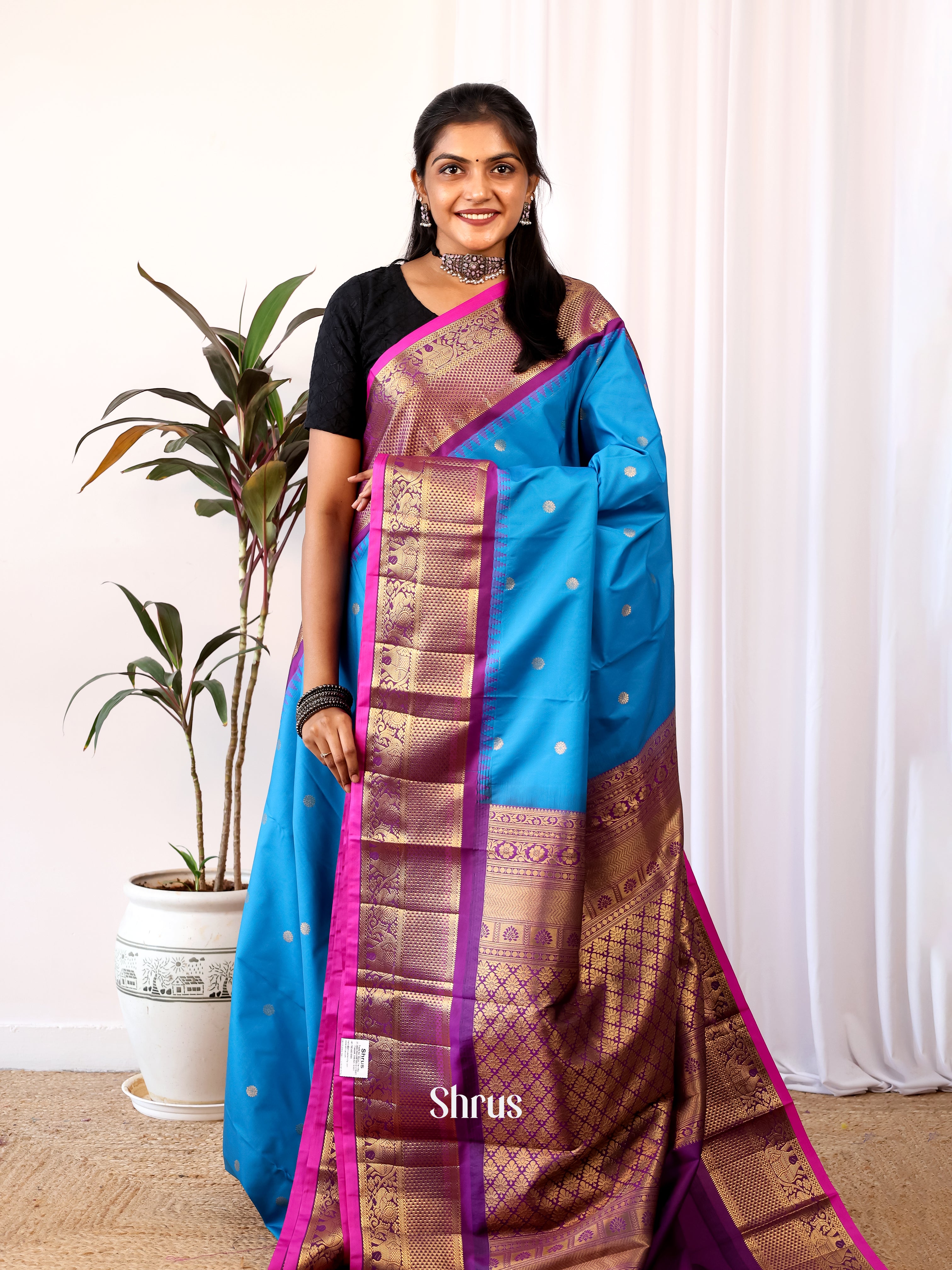 Blue & Purple- Gadwal halfpure Saree - Shop on Shrus.com
