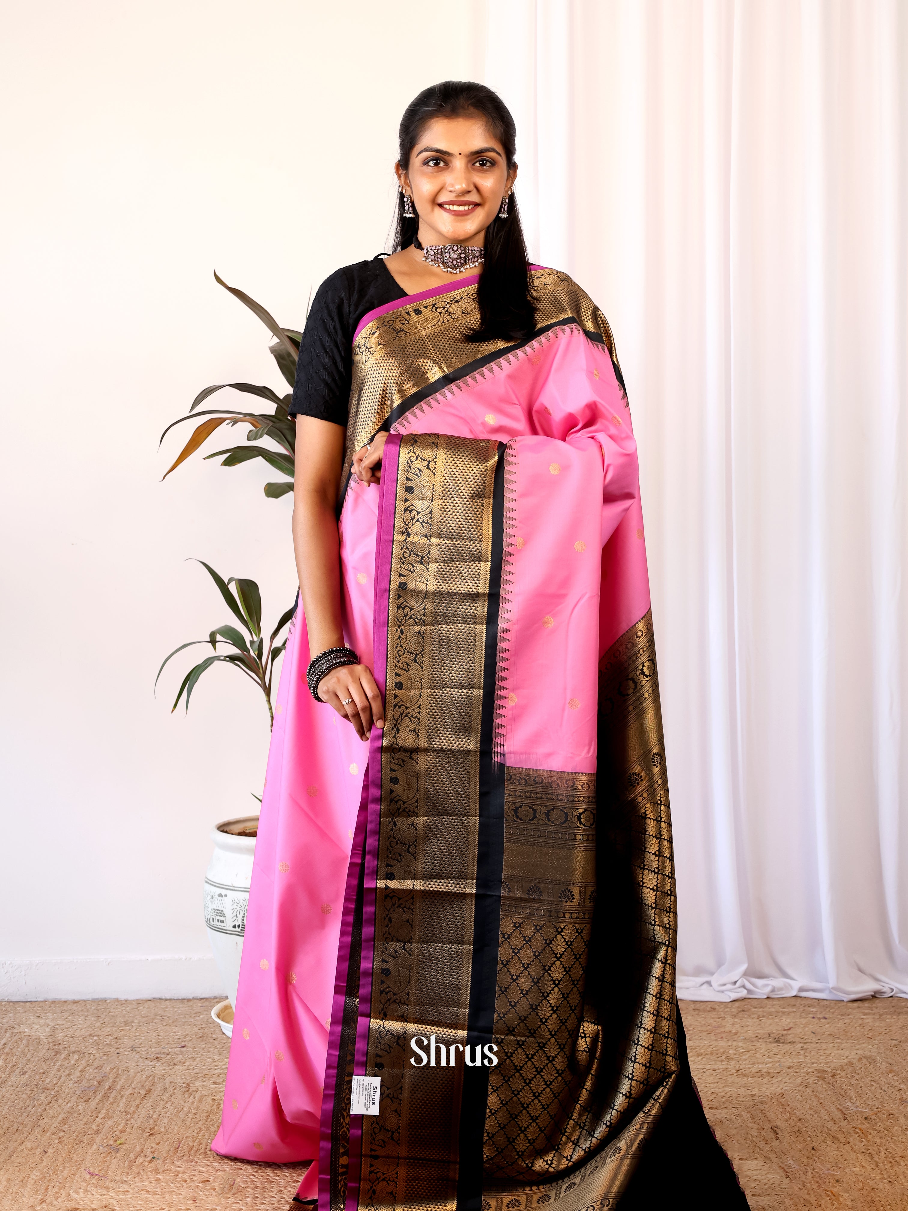 Pink & Black - Gadwal halfpure Saree - Shop on Shrus.com