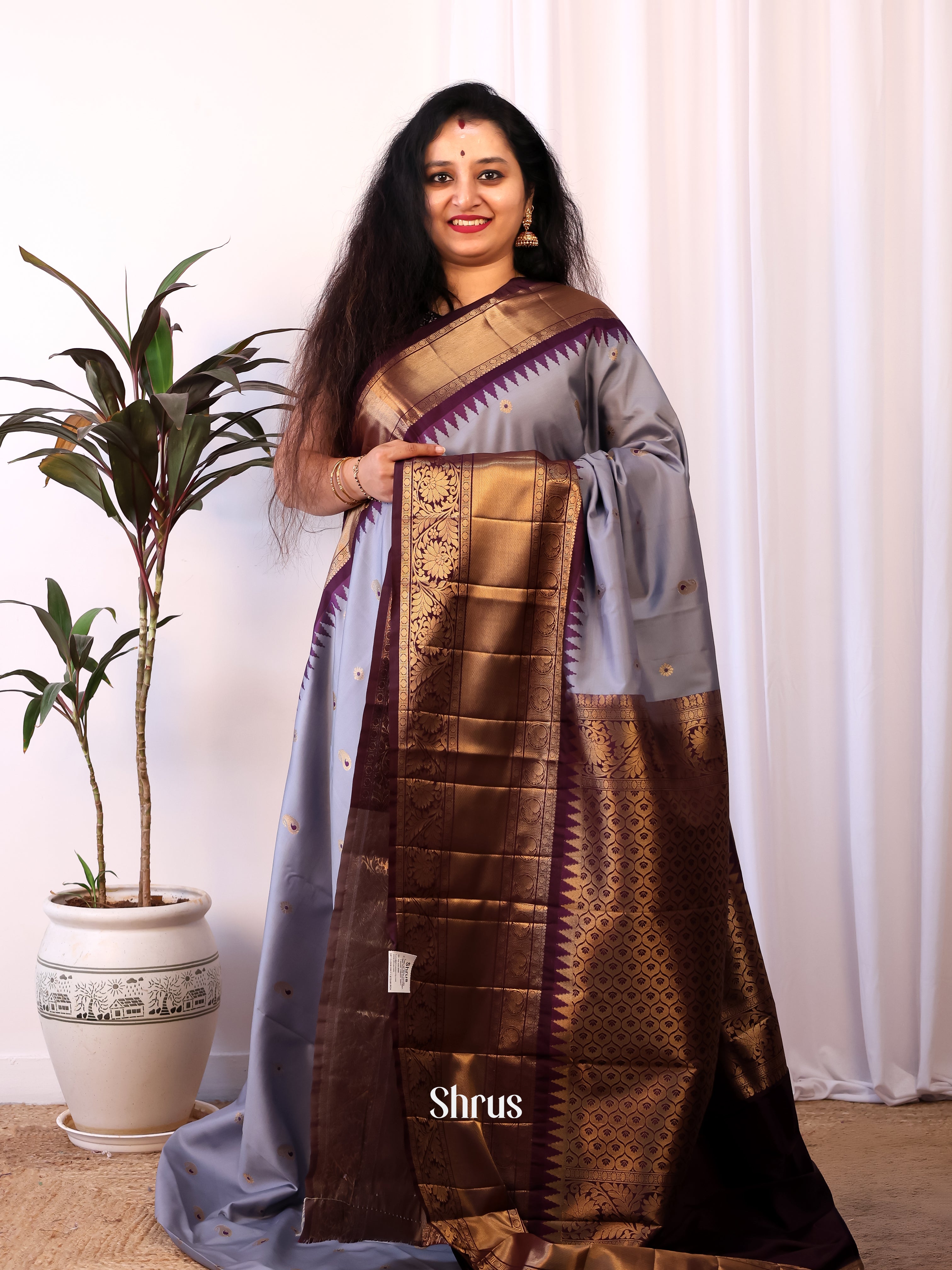Grey & Brown- Gadwal halfpure Saree - Shop on Shrus.com