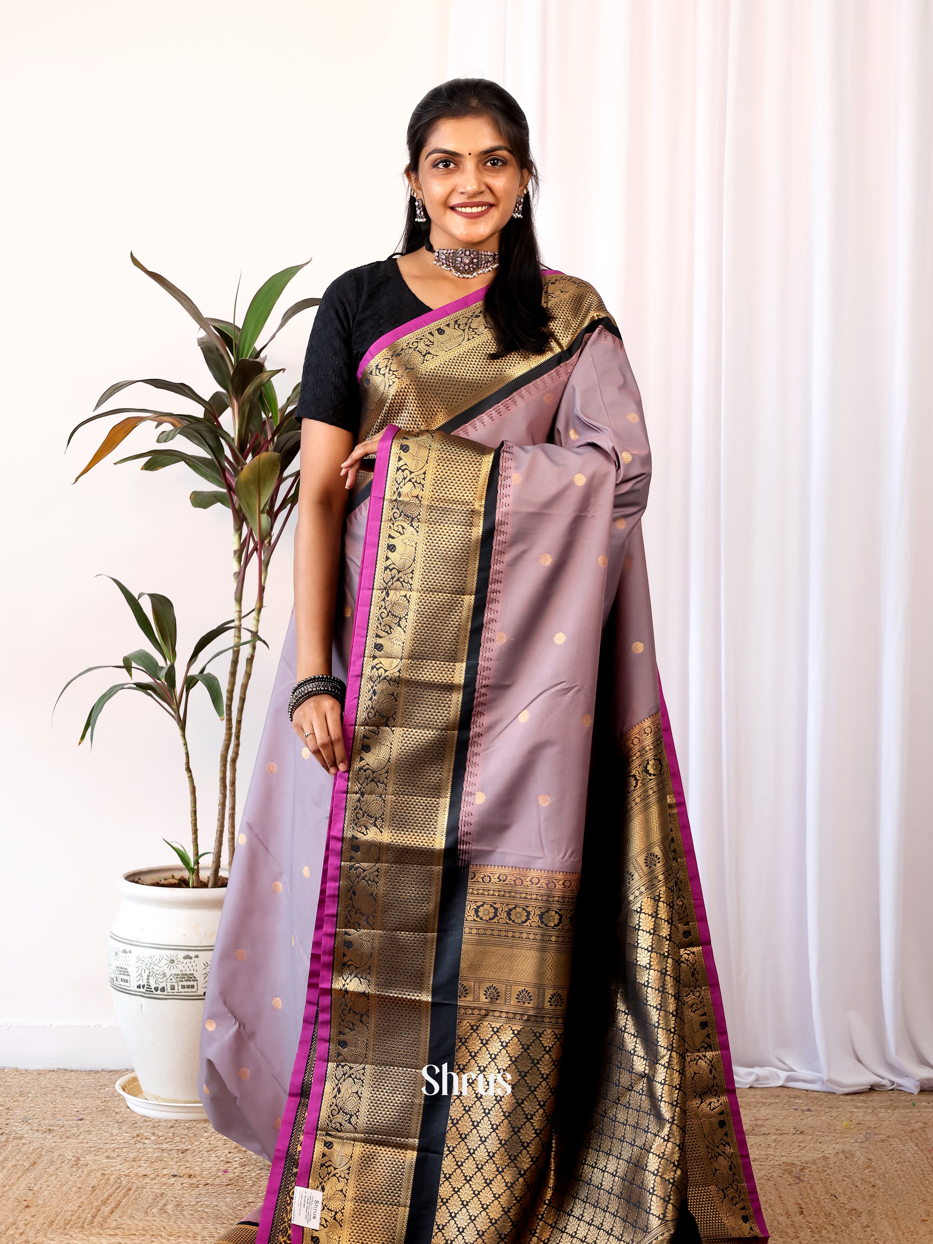 Purple & Black - Gadwal halfpure Saree - Shop on Shrus.com