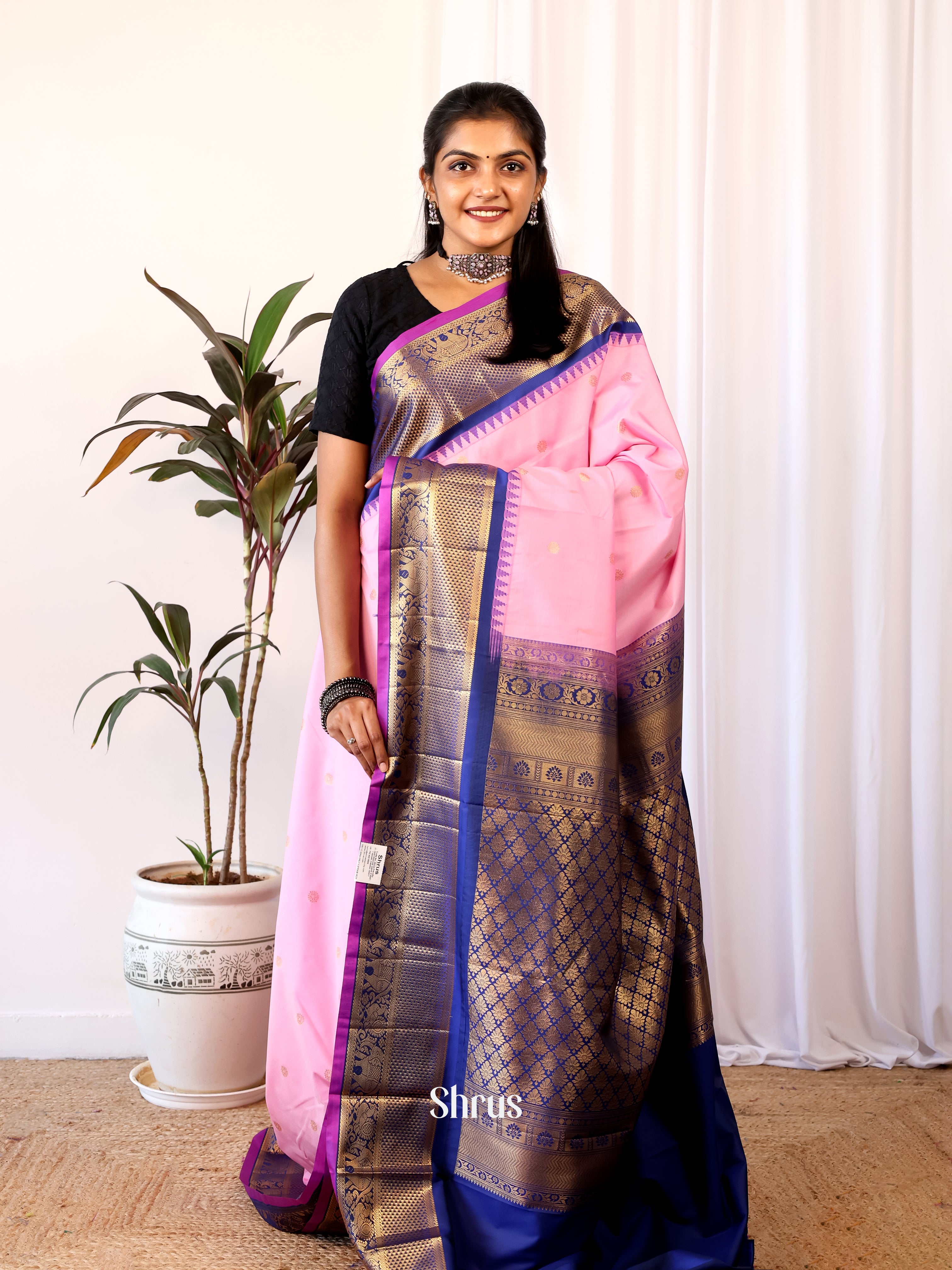Pink & Blue - Gadwal halfpure Saree - Shop on Shrus.com