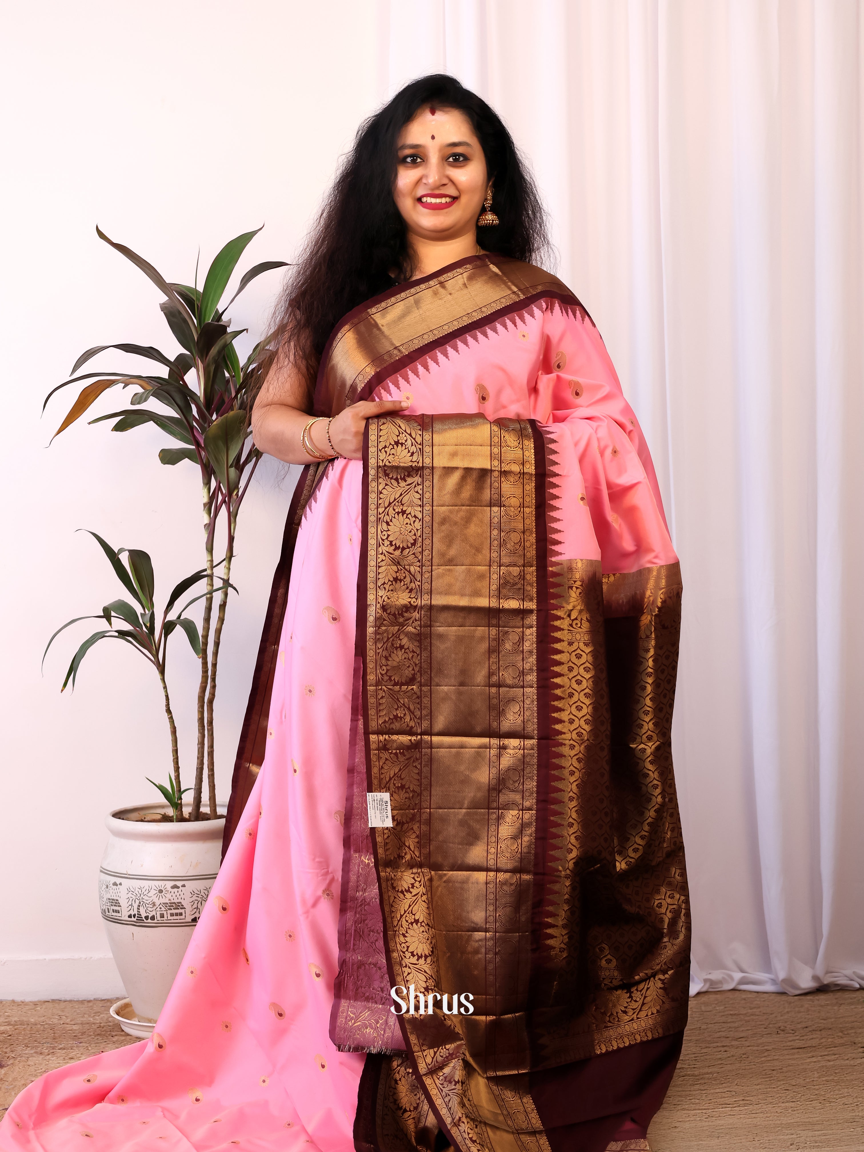 Pink & Brown - Gadwal halfpure Saree - Shop on Shrus.com