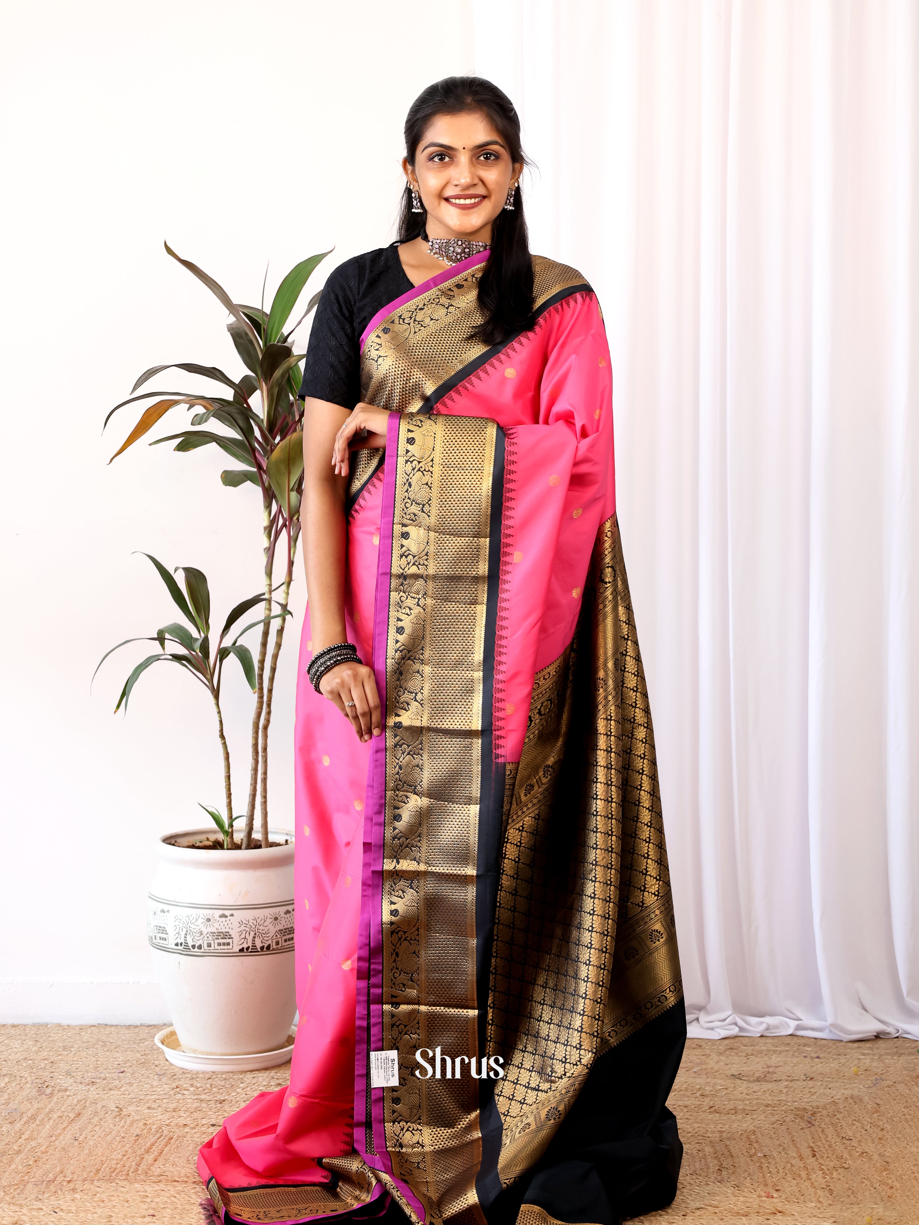 Pink & Black - Gadwal halfpure Saree - Shop on Shrus.com