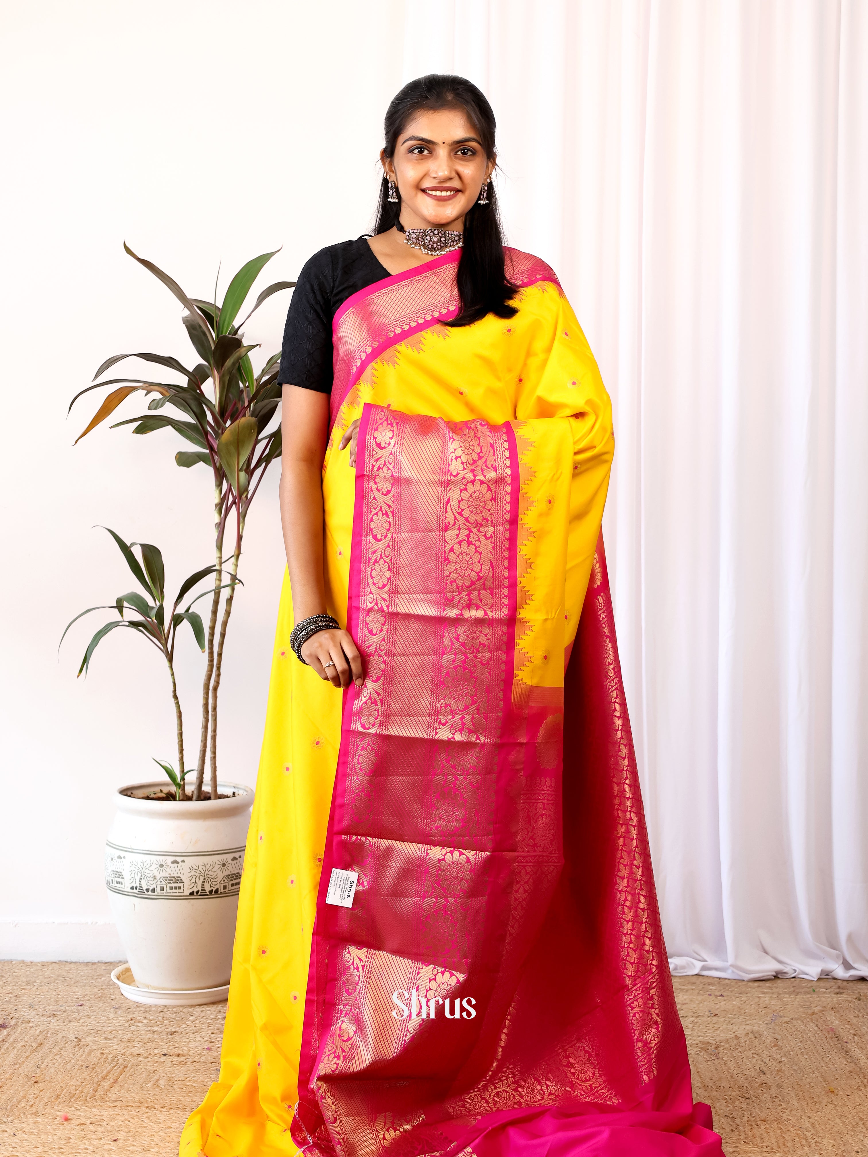 Yellow & Pink - Gadwal halfpure Saree - Shop on Shrus.com