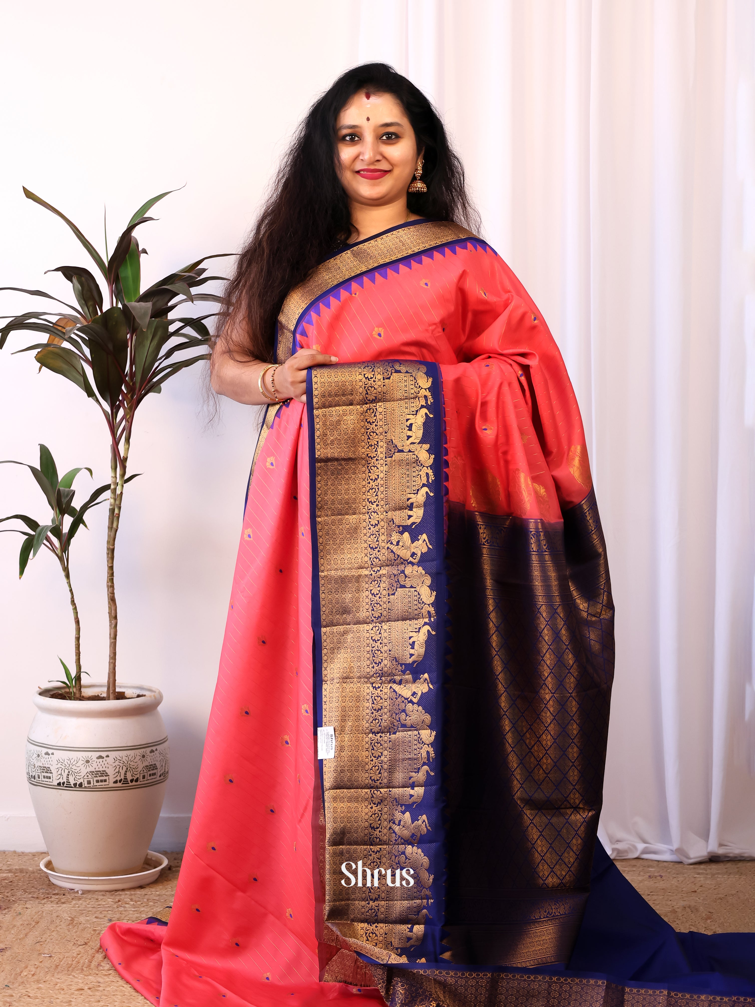 Pink & Blue - Gadwal halfpure Saree - Shop on Shrus.com