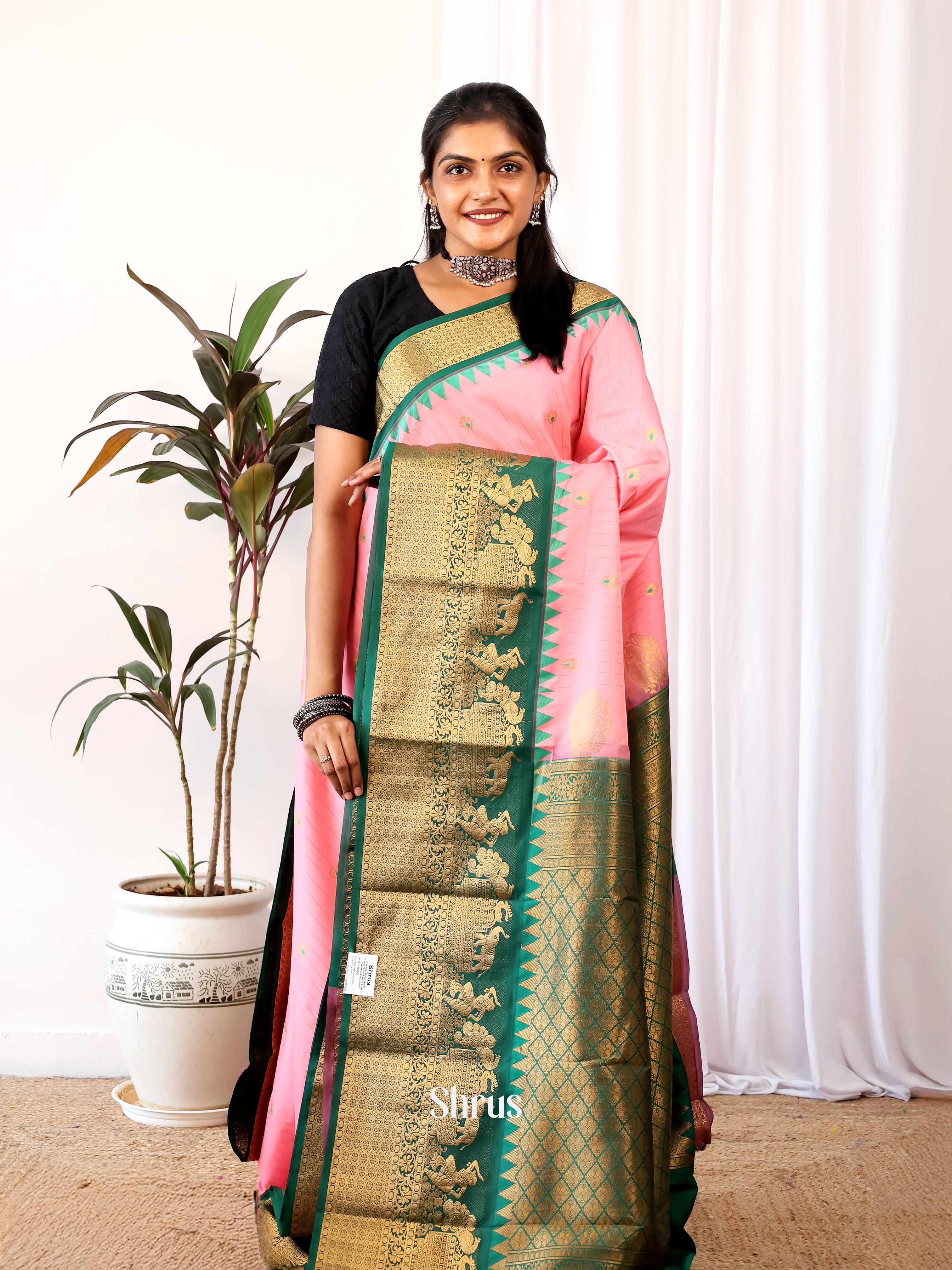 Pink & Green - Gadwal halfpure Saree - Shop on Shrus.com