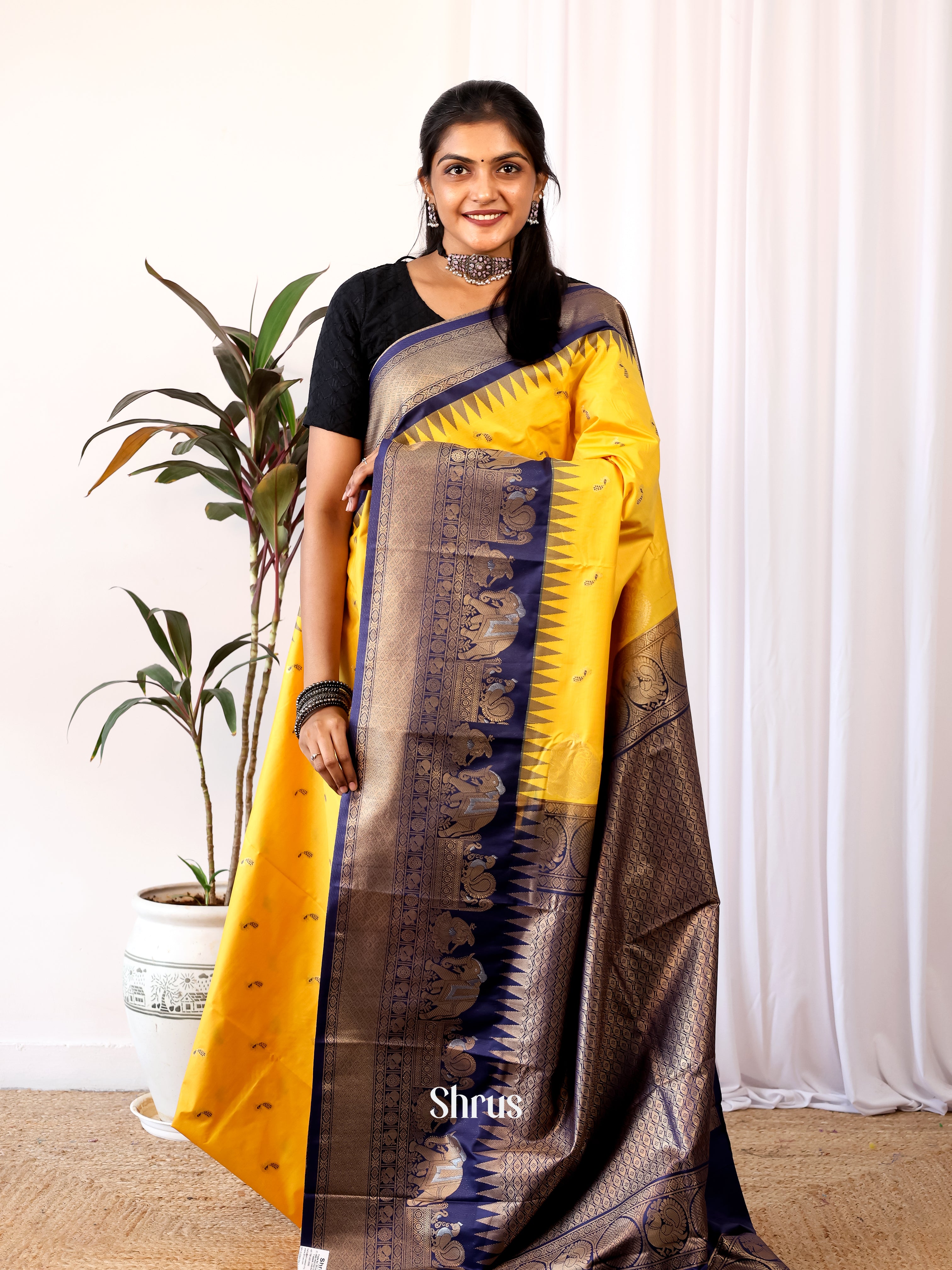 Yellow & Blue - Gadwal halfpure Saree - Shop on Shrus.com