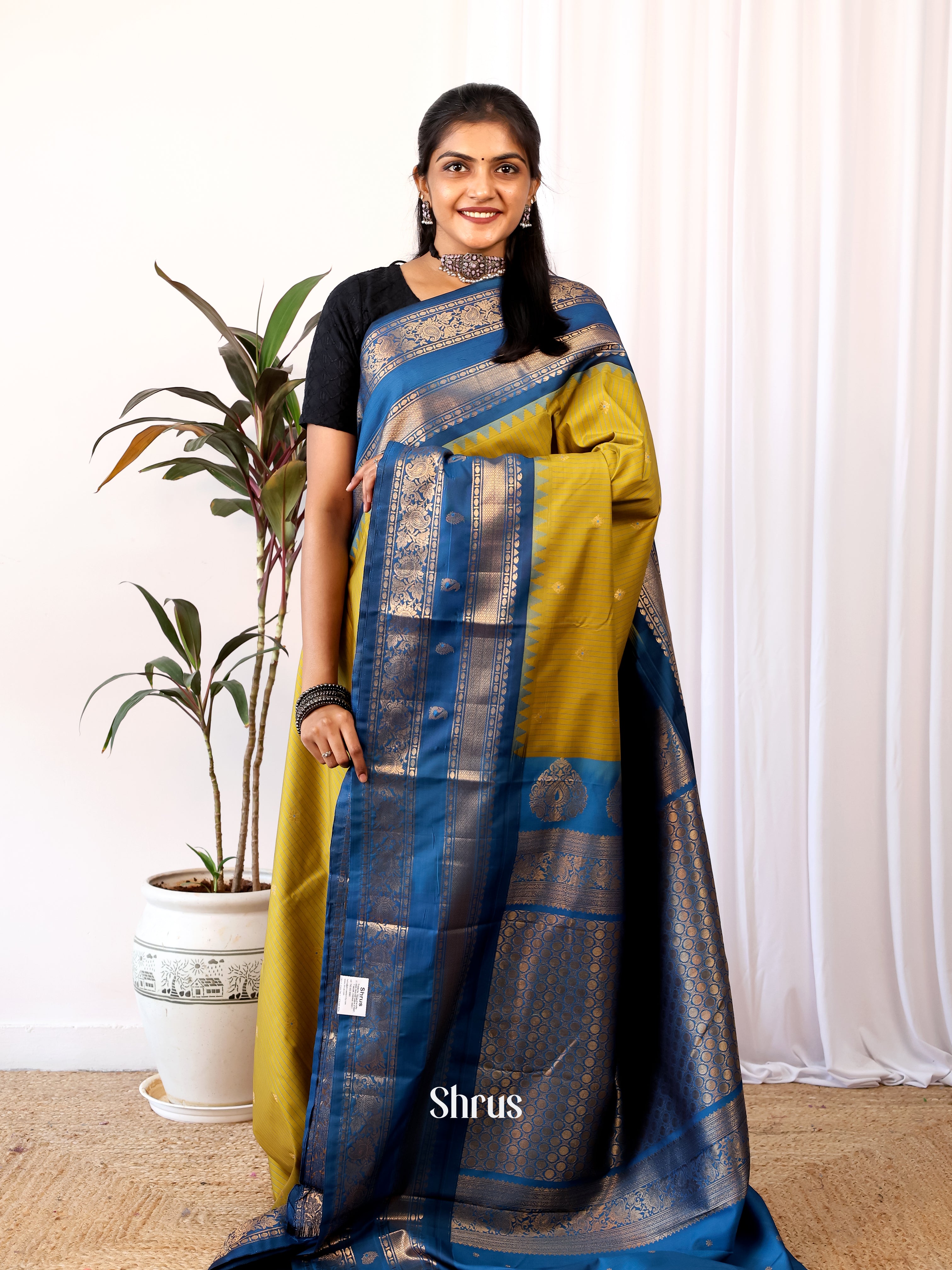 Mustard & Blue- Gadwal halfpure Saree - Shop on Shrus.com