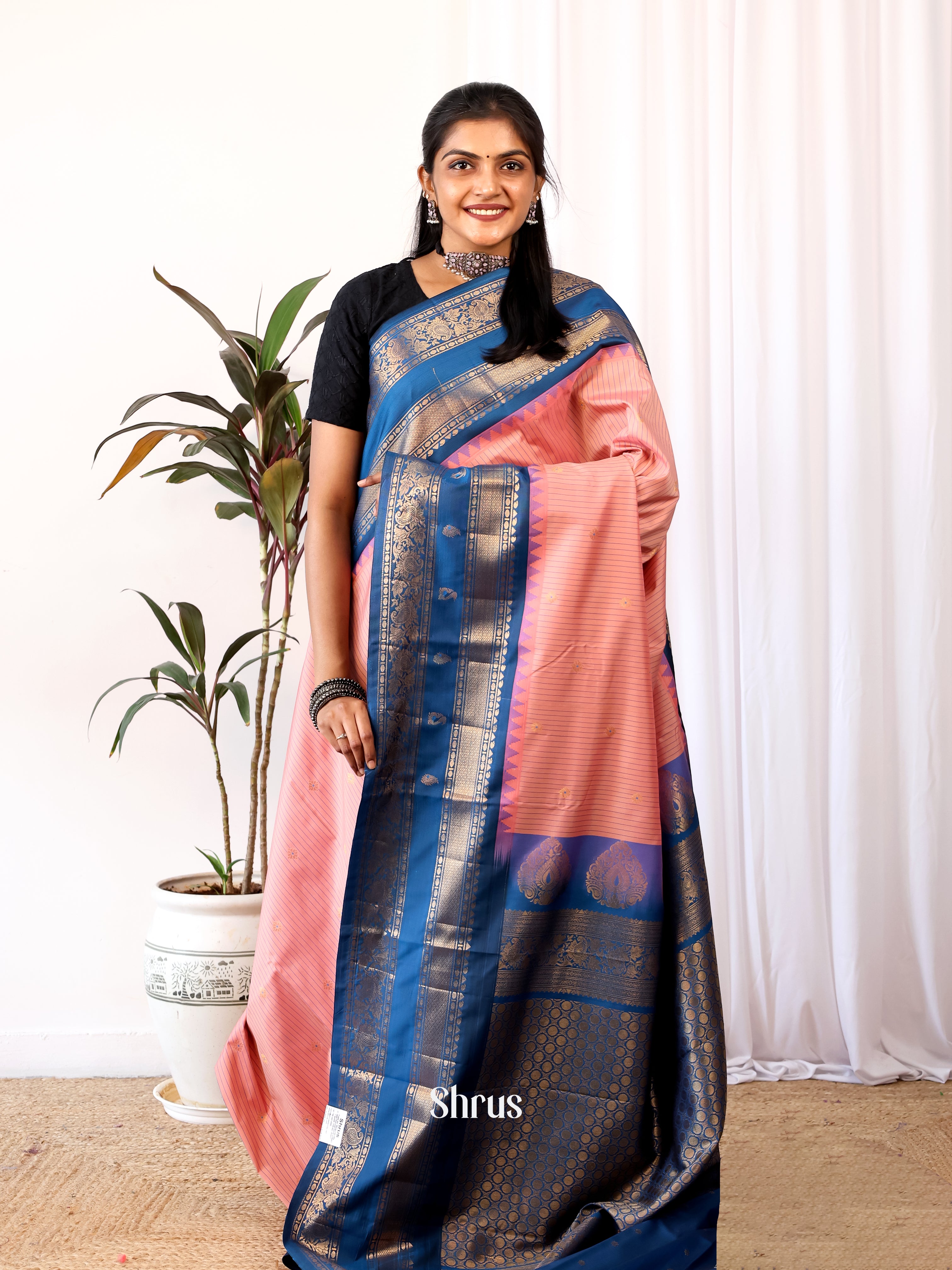 Peachish Pink & Blue - Gadwal halfpure Saree - Shop on Shrus.com
