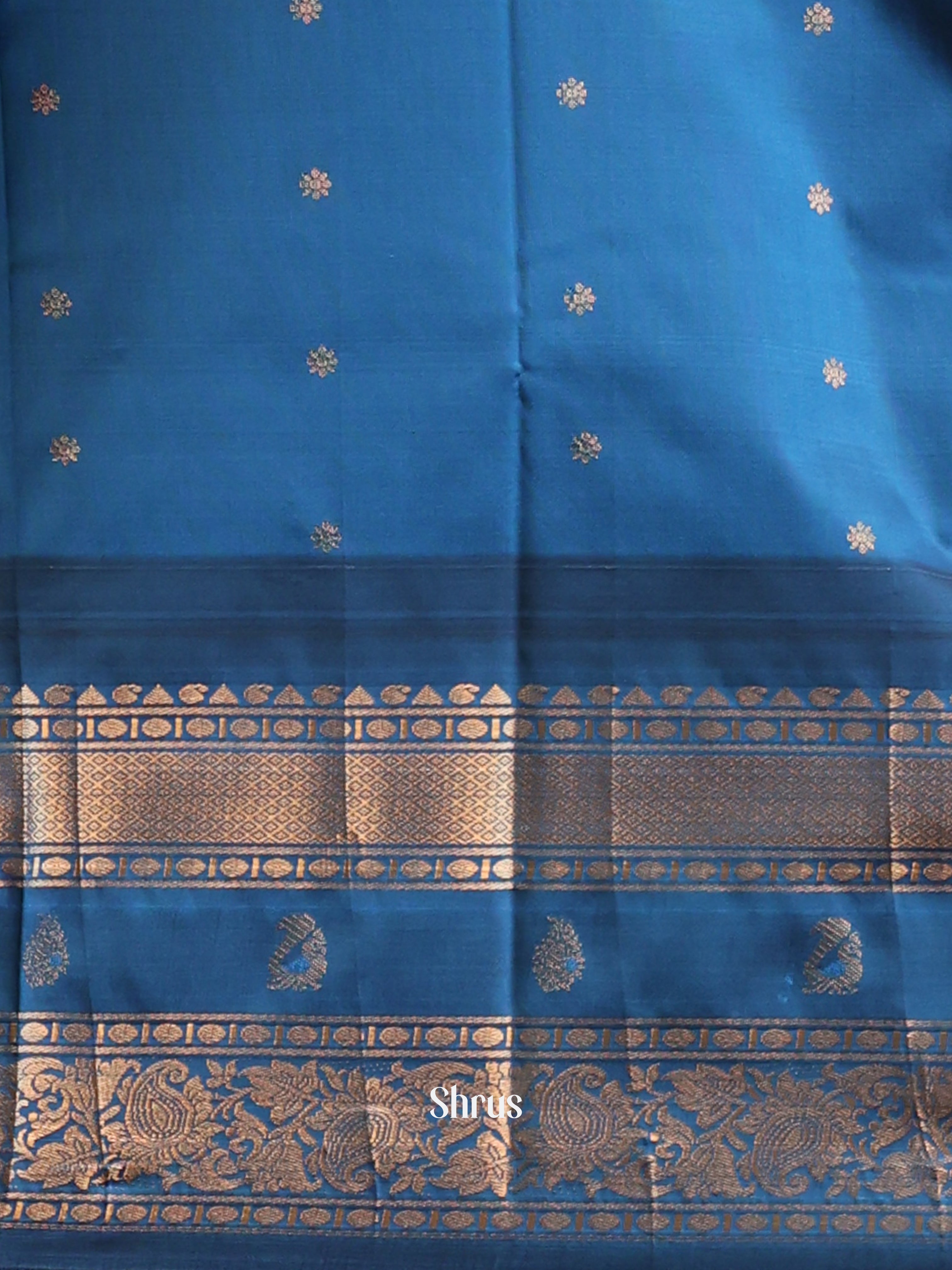 Peachish Pink & Blue - Gadwal halfpure Saree - Shop on Shrus.com